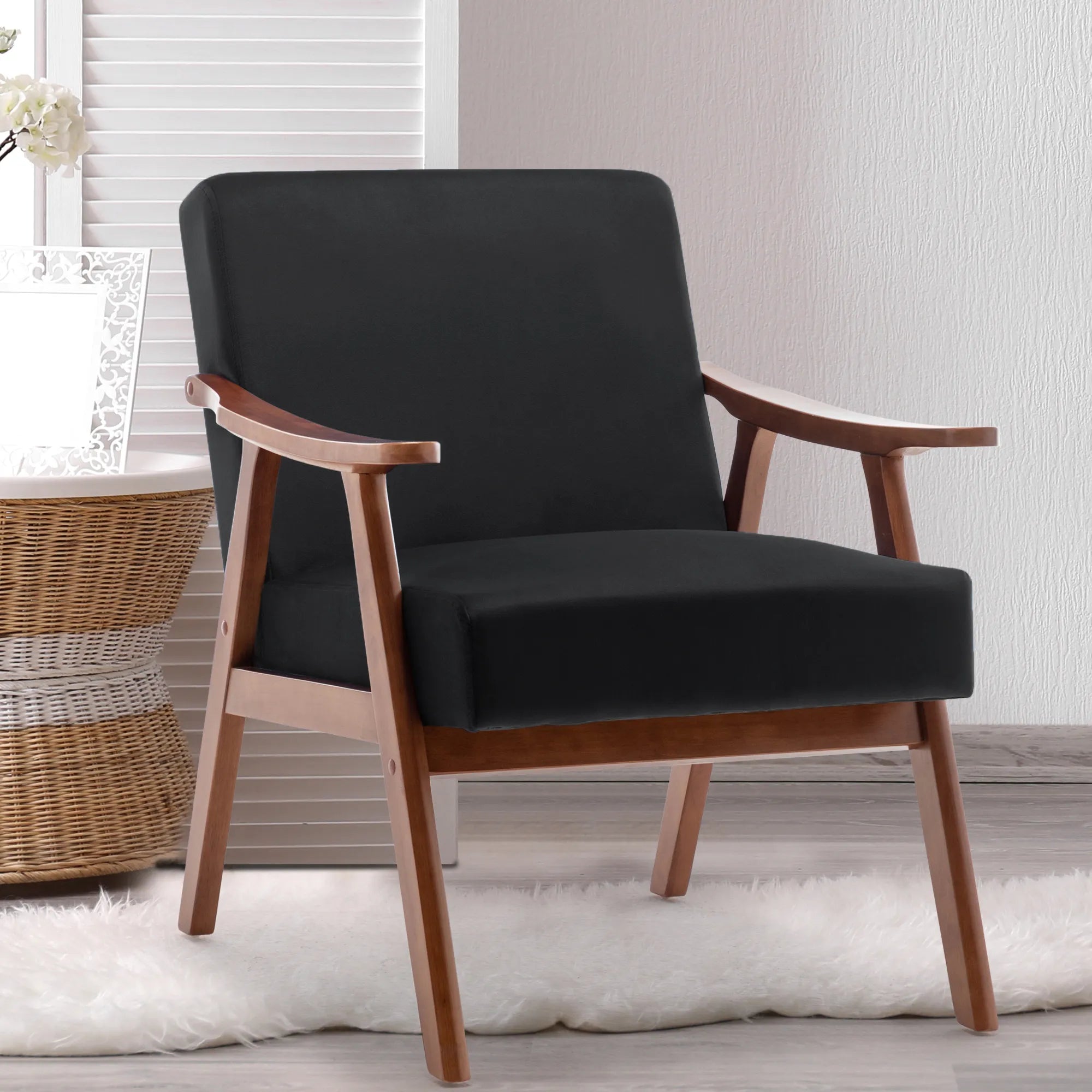 Mid-Century Modern Accent Chair, Velvet Armchair with Solid Wood Frame and Extra-Thick Backrest
