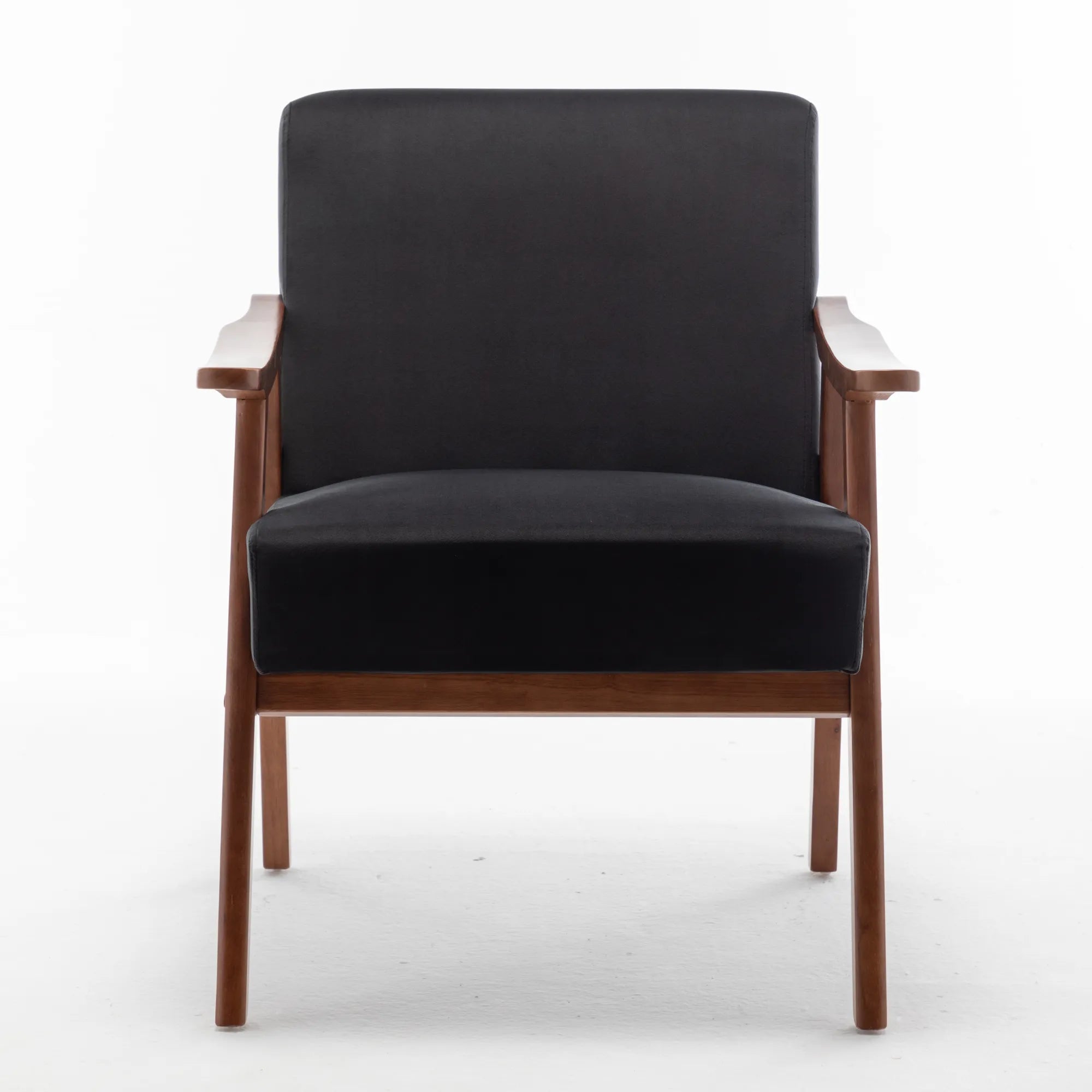 Mid-Century Modern Accent Chair, Velvet Armchair with Solid Wood Frame and Extra-Thick Backrest