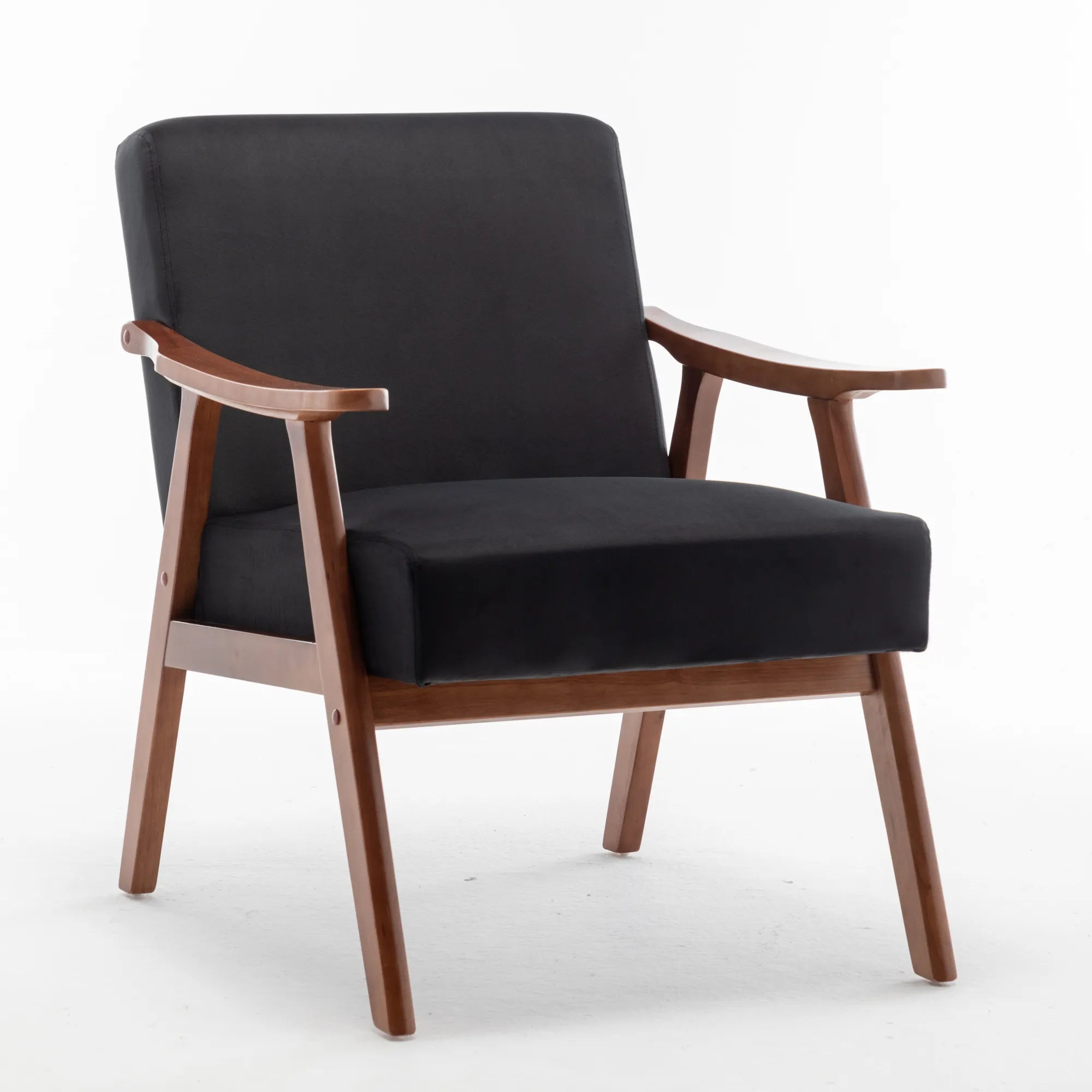 Mid-Century Modern Accent Chair, Velvet Armchair with Solid Wood Frame and Extra-Thick Backrest