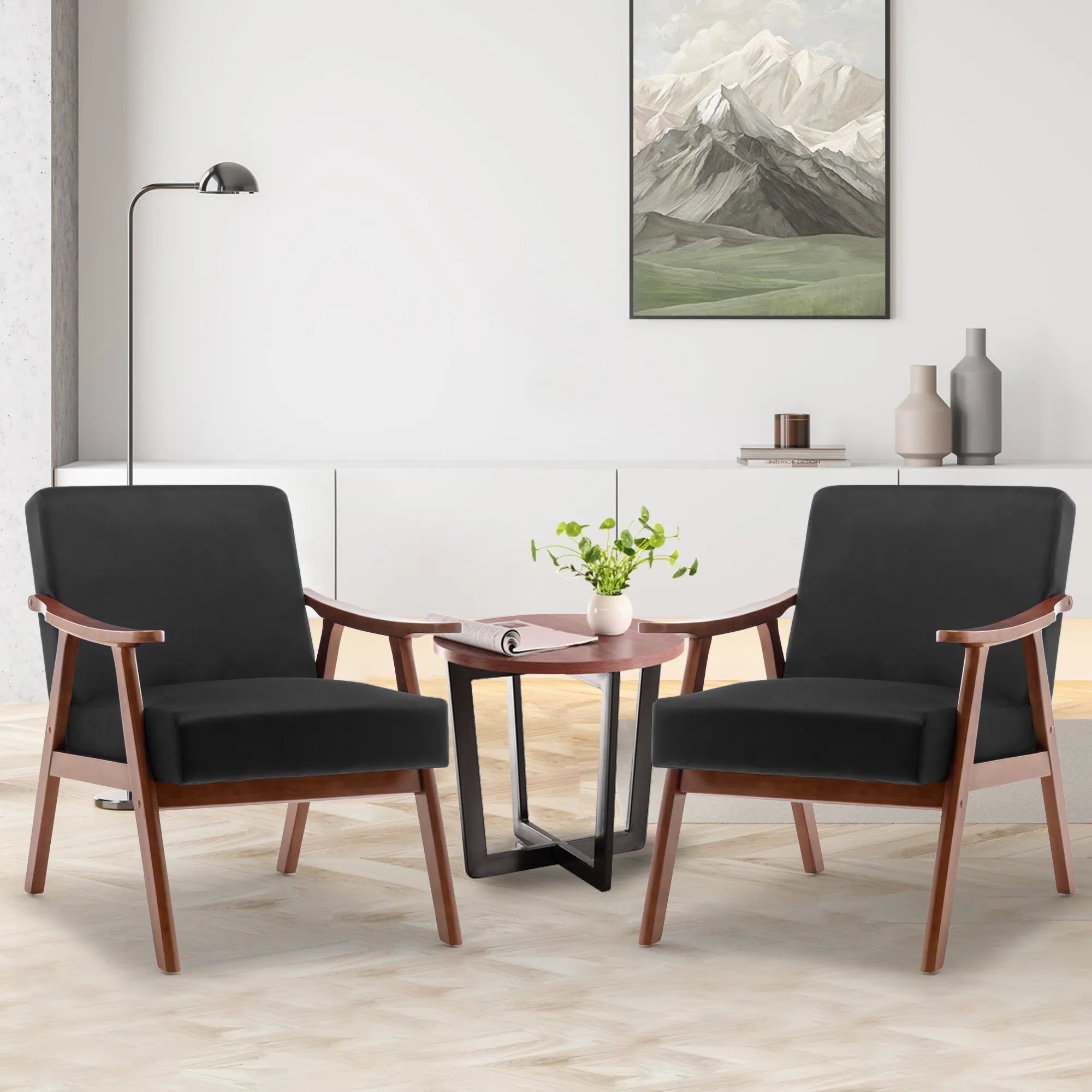 Mid-Century Modern Accent Chair, Velvet Armchair with Solid Wood Frame and Extra-Thick Backrest