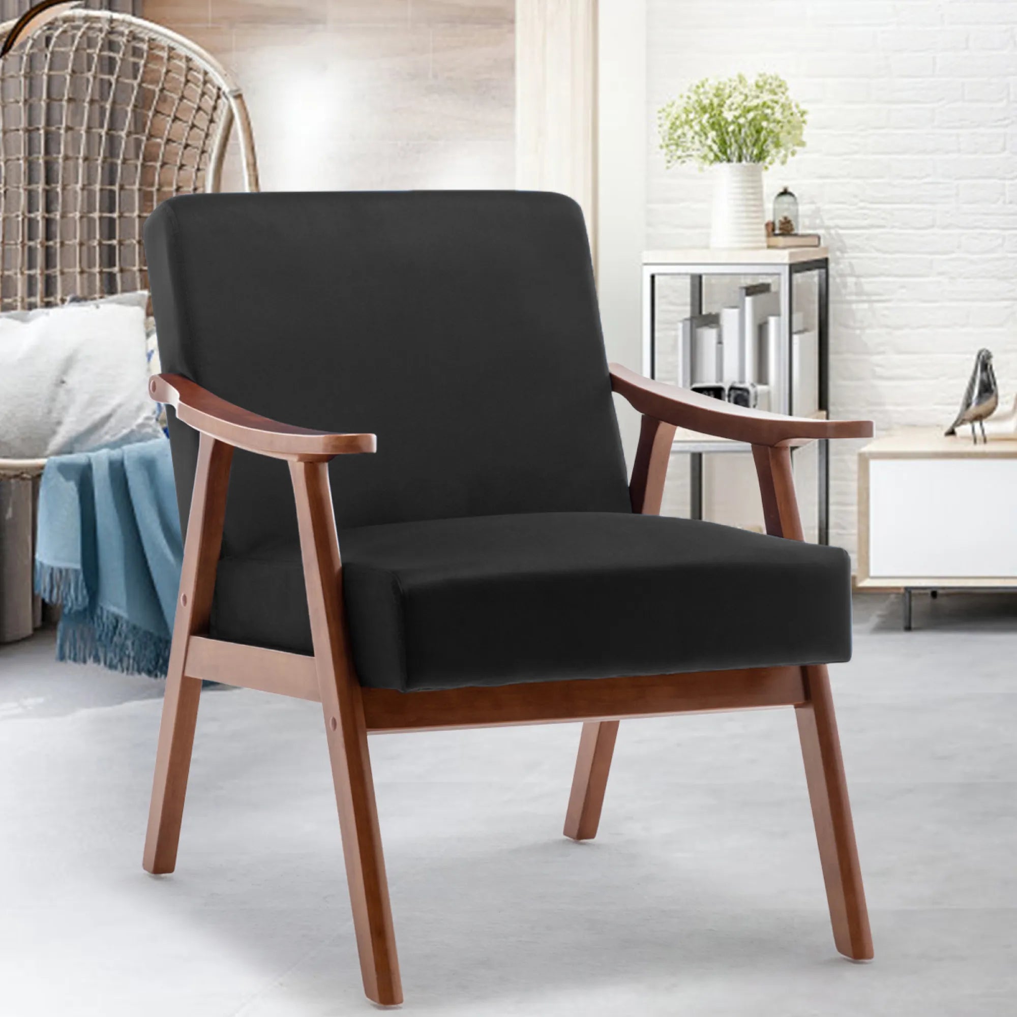 Mid-Century Modern Accent Chair, Velvet Armchair with Solid Wood Frame and Extra-Thick Backrest