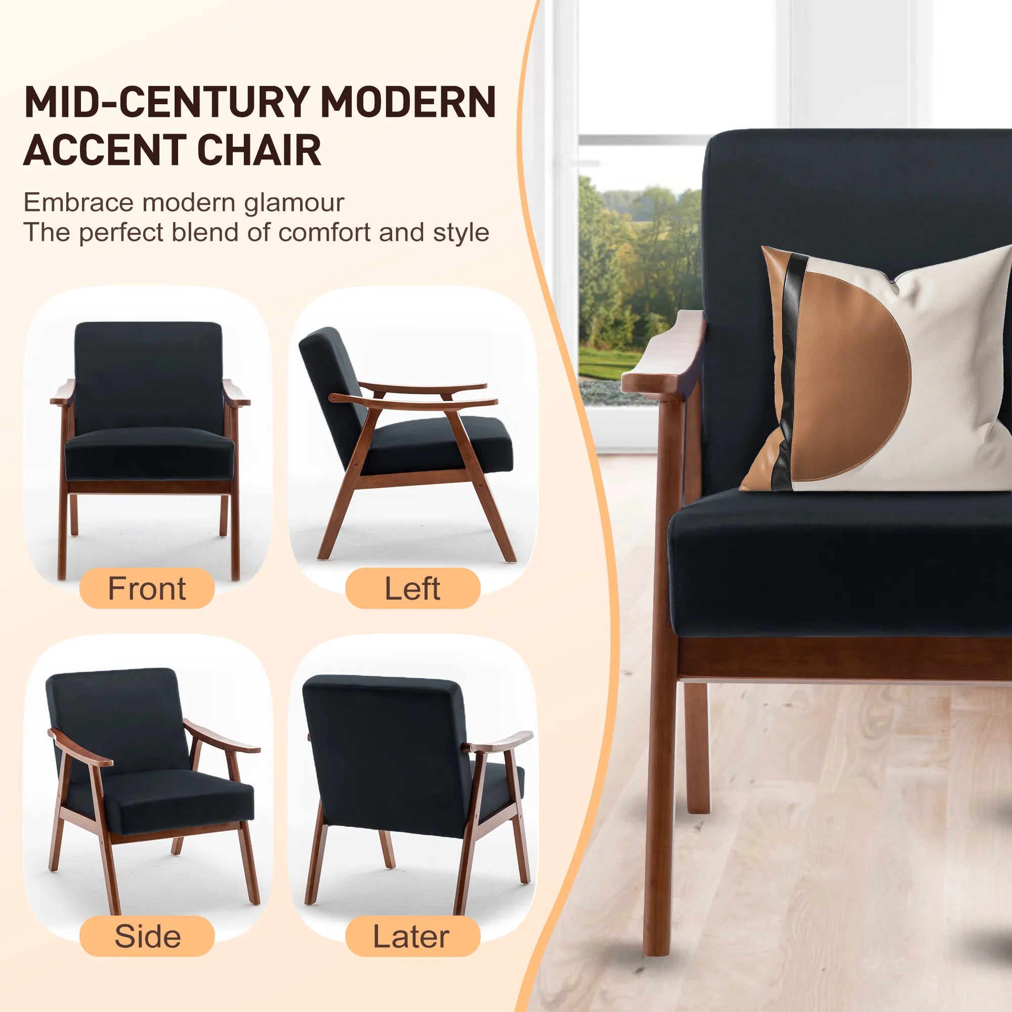 Mid-Century Modern Accent Chair, Velvet Armchair with Solid Wood Frame and Extra-Thick Backrest