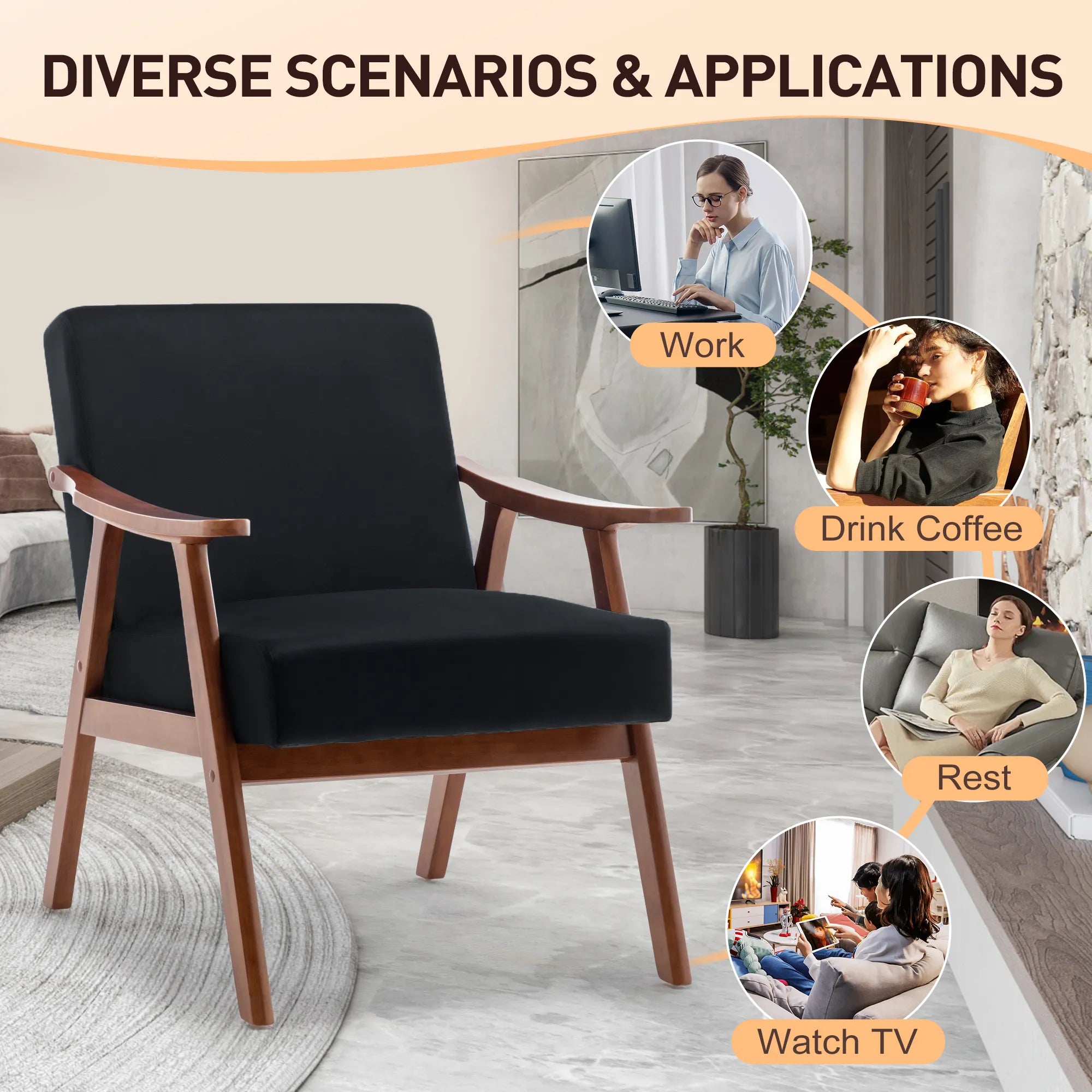 Mid-Century Modern Accent Chair, Velvet Armchair with Solid Wood Frame and Extra-Thick Backrest