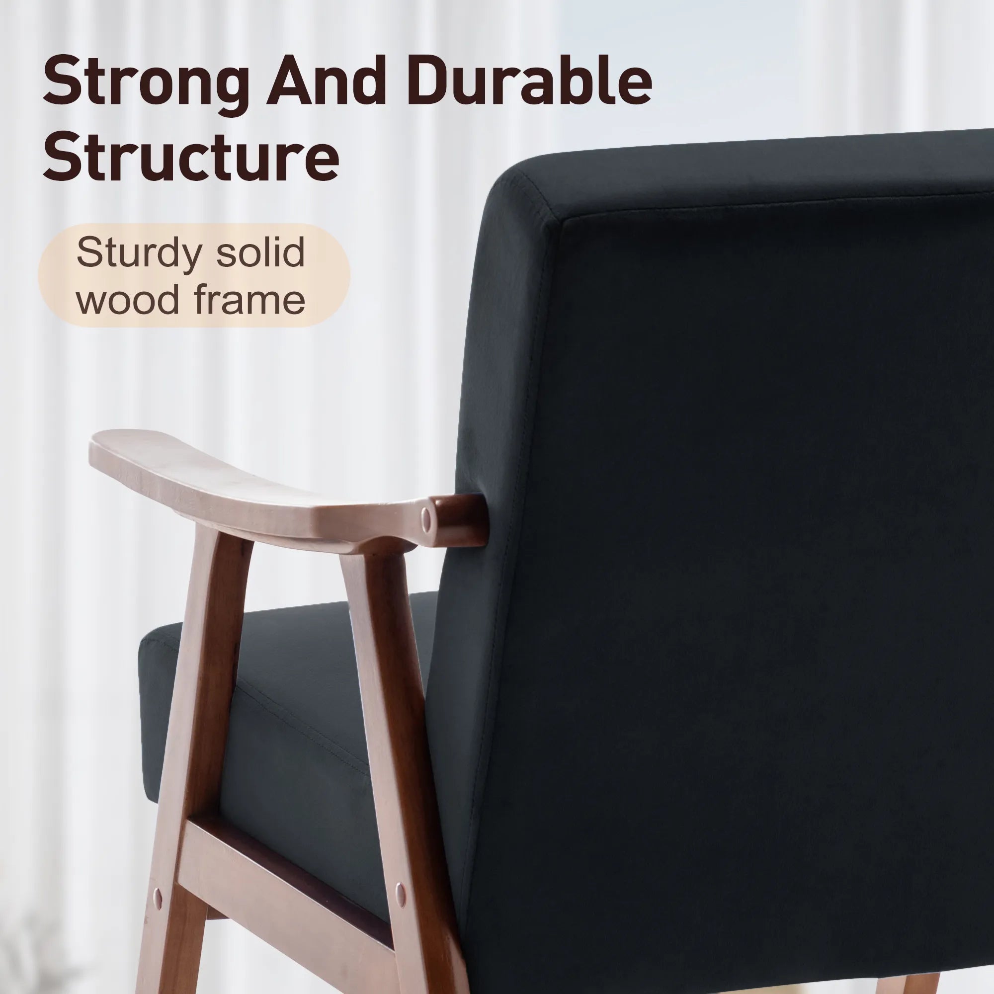 Mid-Century Modern Accent Chair, Velvet Armchair with Solid Wood Frame and Extra-Thick Backrest