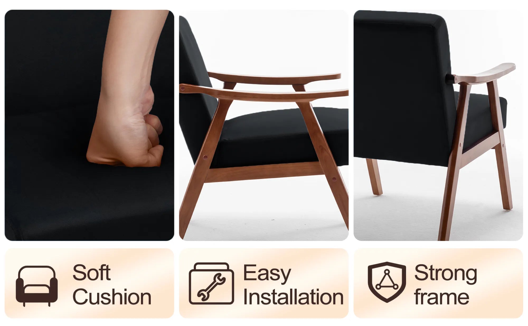 Mid-Century Modern Accent Chair, Velvet Armchair with Solid Wood Frame and Extra-Thick Backrest