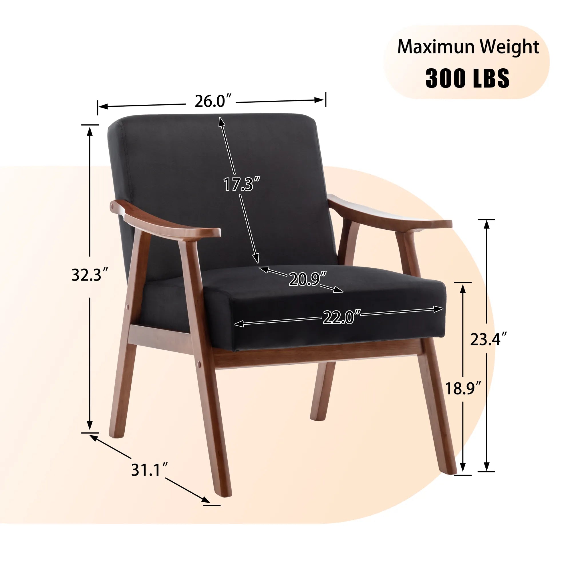 Mid-Century Modern Accent Chair, Velvet Armchair with Solid Wood Frame and Extra-Thick Backrest