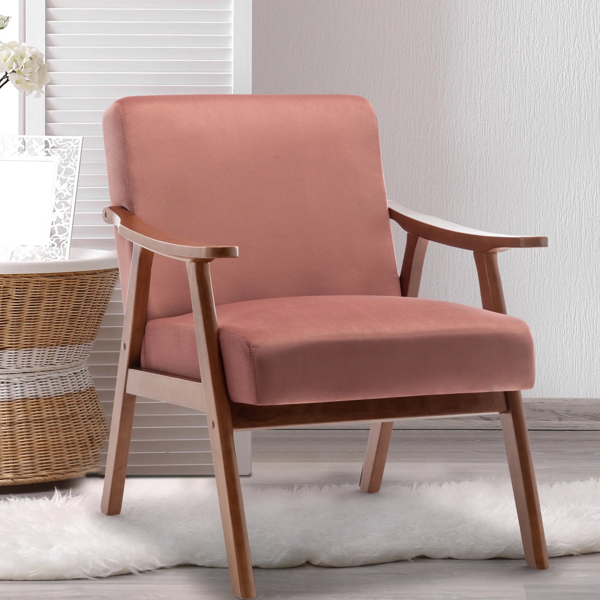 Mid-Century Modern Accent Chair, Velvet Armchair with Solid Wood Frame and Extra-Thick Backrest