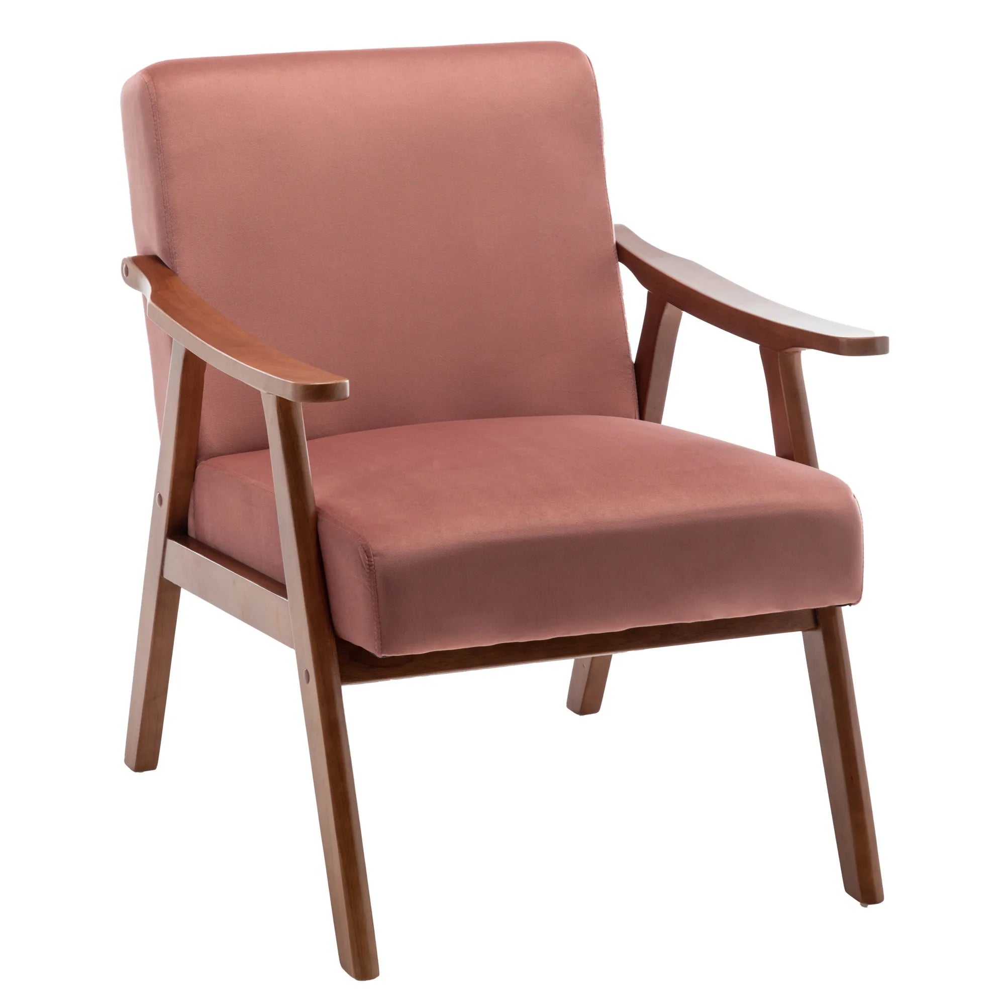 Mid-Century Modern Accent Chair, Velvet Armchair with Solid Wood Frame and Extra-Thick Backrest