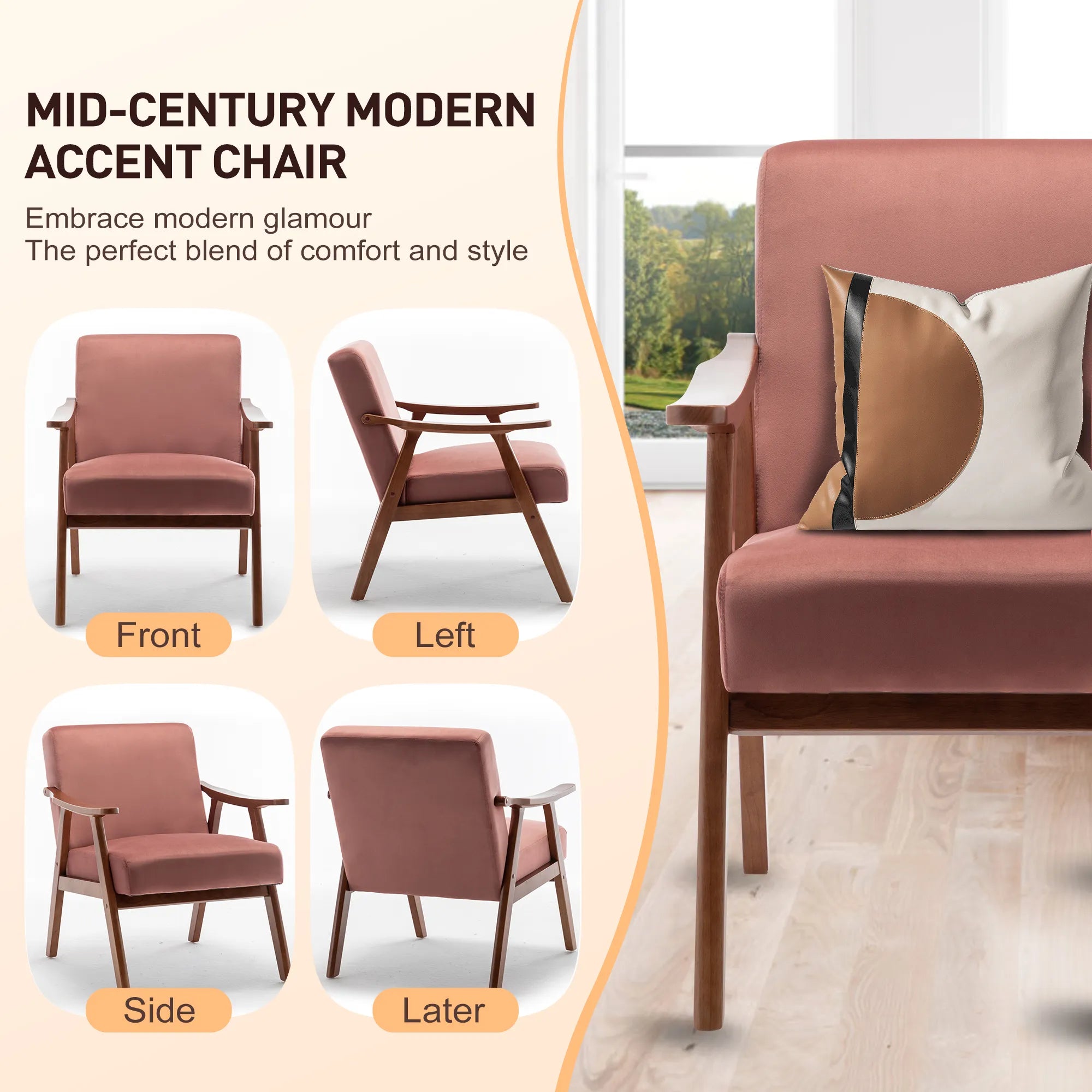 Mid-Century Modern Accent Chair, Velvet Armchair with Solid Wood Frame and Extra-Thick Backrest