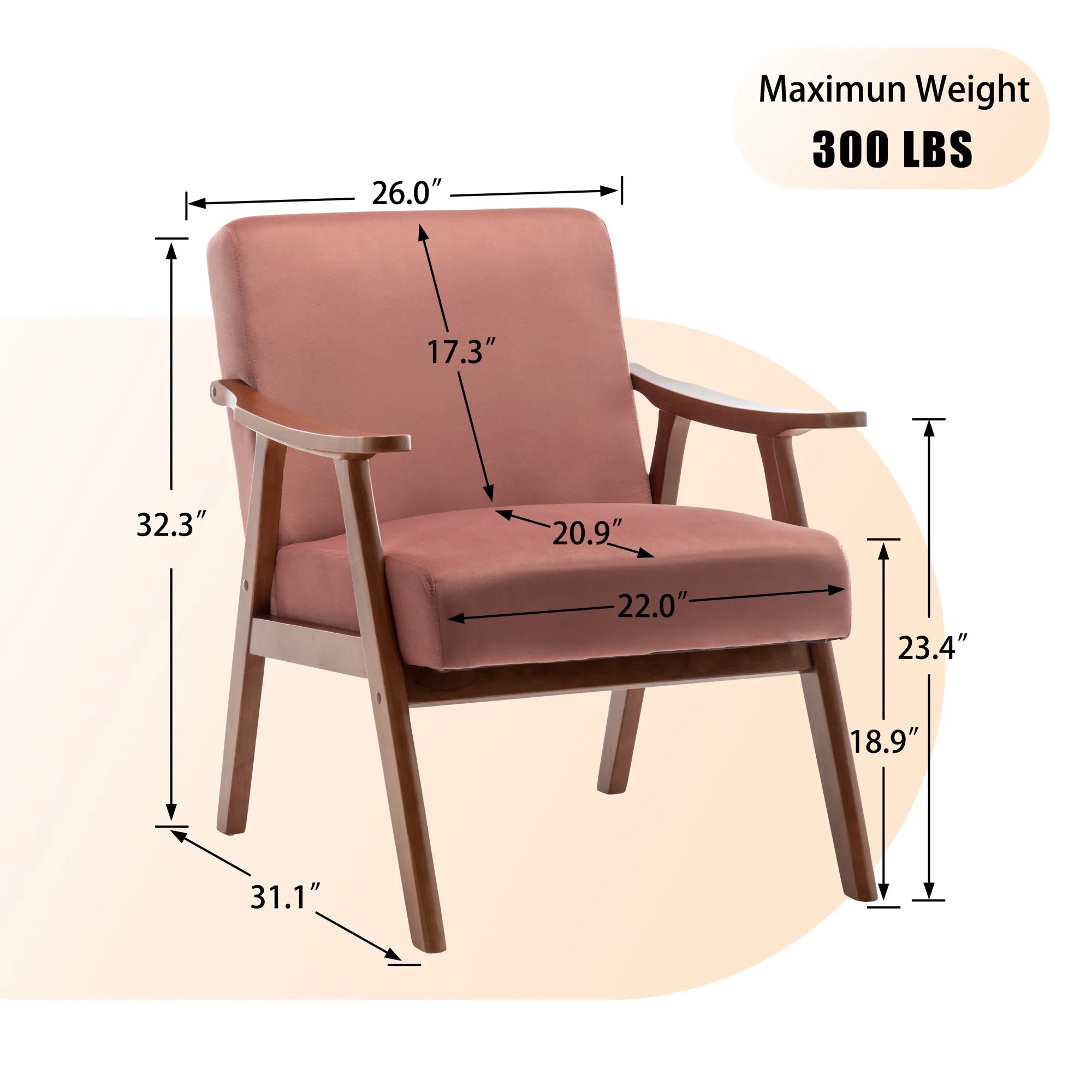 Mid-Century Modern Accent Chair, Velvet Armchair with Solid Wood Frame and Extra-Thick Backrest