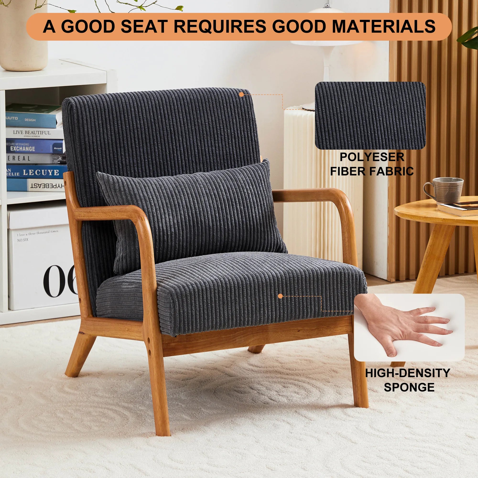 Mid-Century Modern Reading Accent Chair With Solid Wood Frame