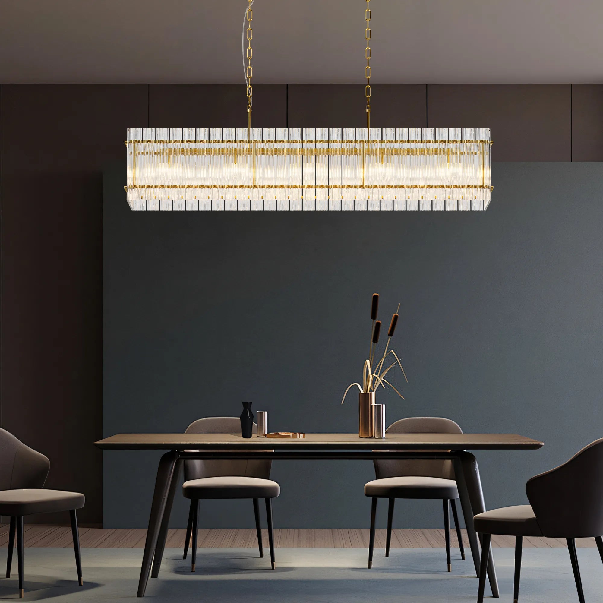 Modern 10-Light Rectangular Crystal Chandelier