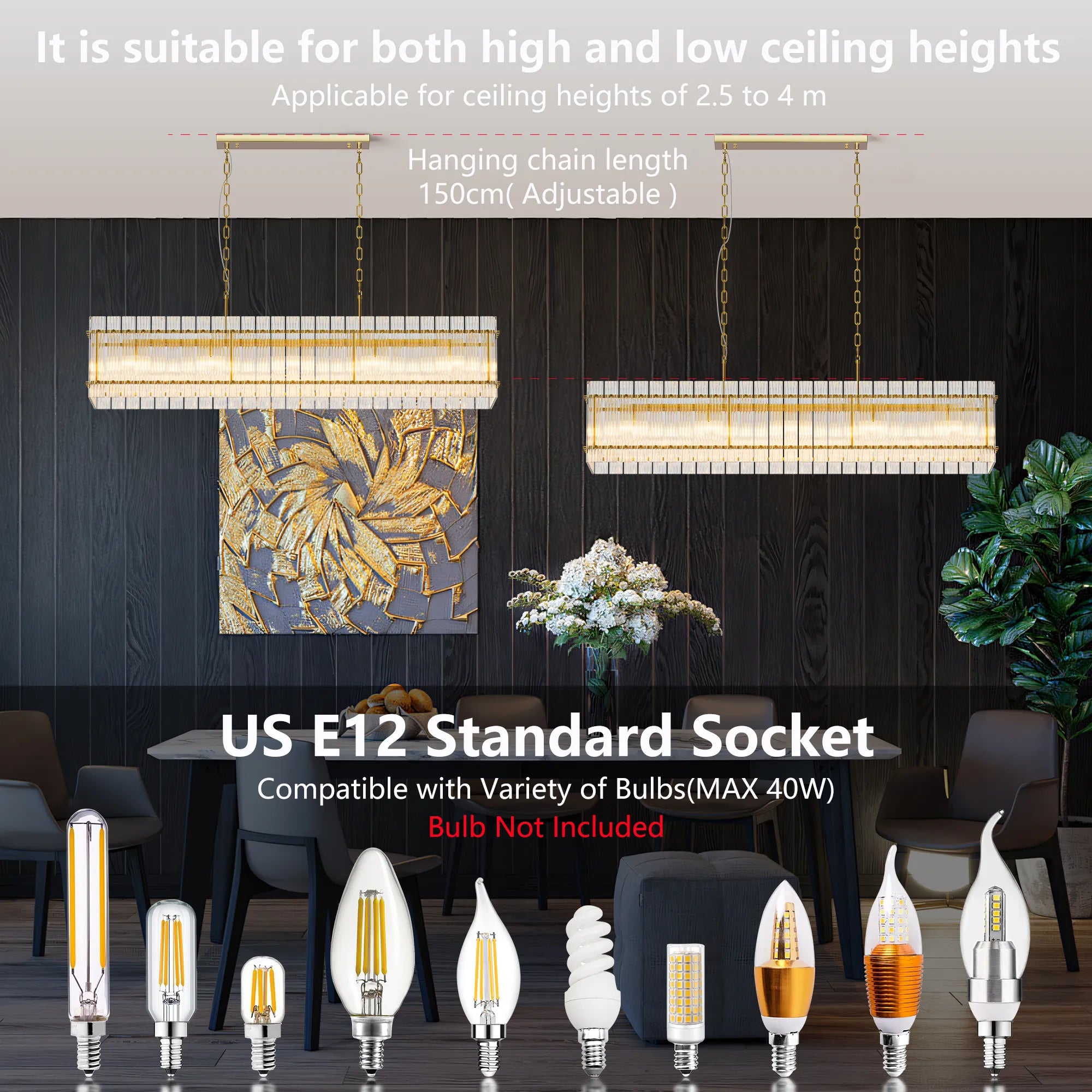 Modern 10-Light Rectangular Crystal Chandelier