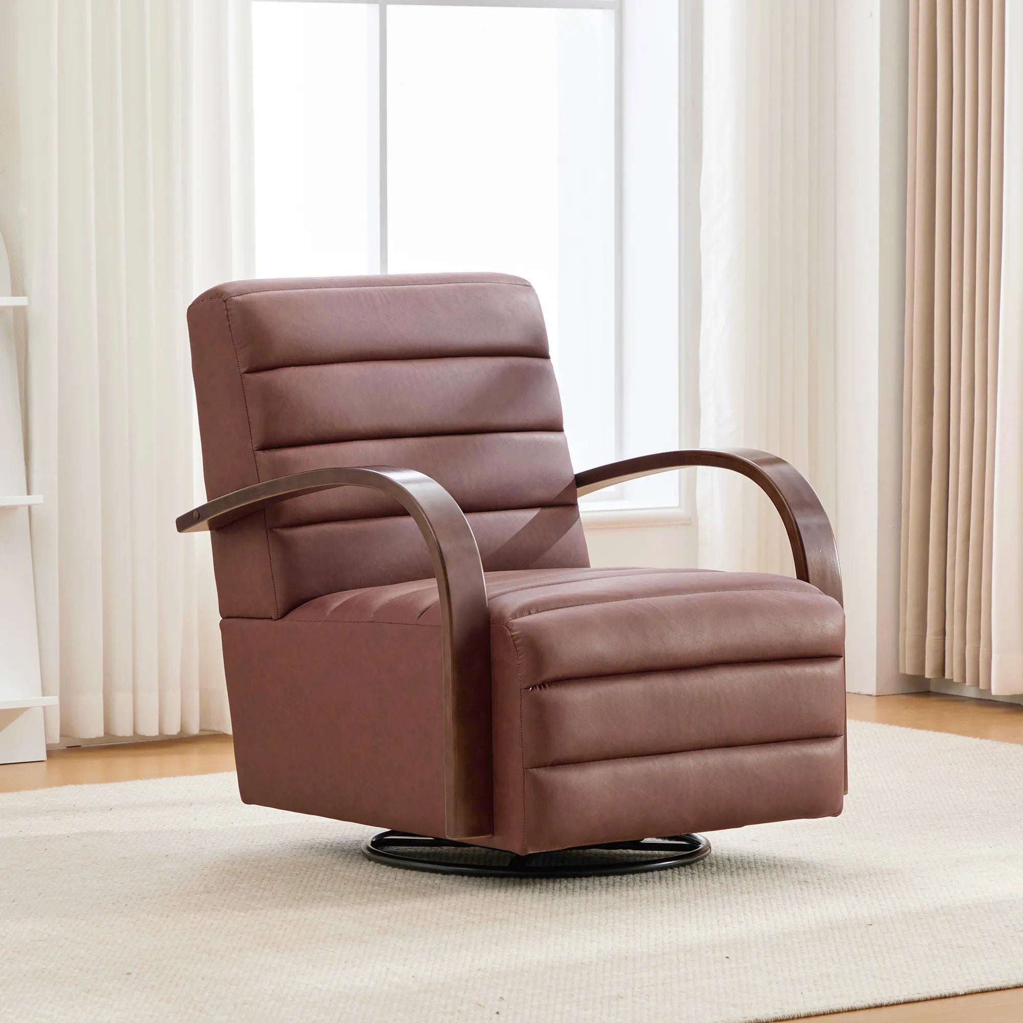 Modern 360° Swivel Accent Chair, PU Leather with Wood Armrests