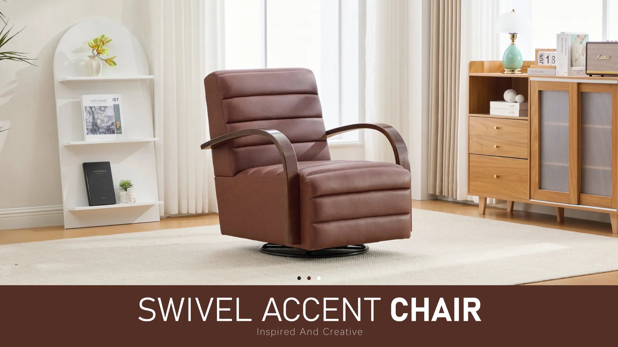 Modern 360° Swivel Accent Chair, PU Leather with Wood Armrests