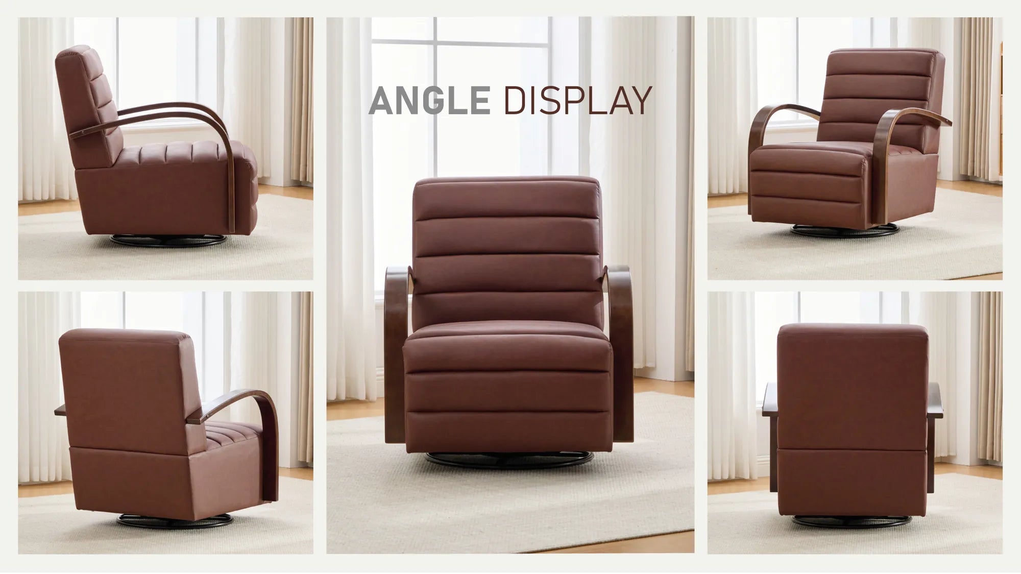 Modern 360° Swivel Accent Chair, PU Leather with Wood Armrests