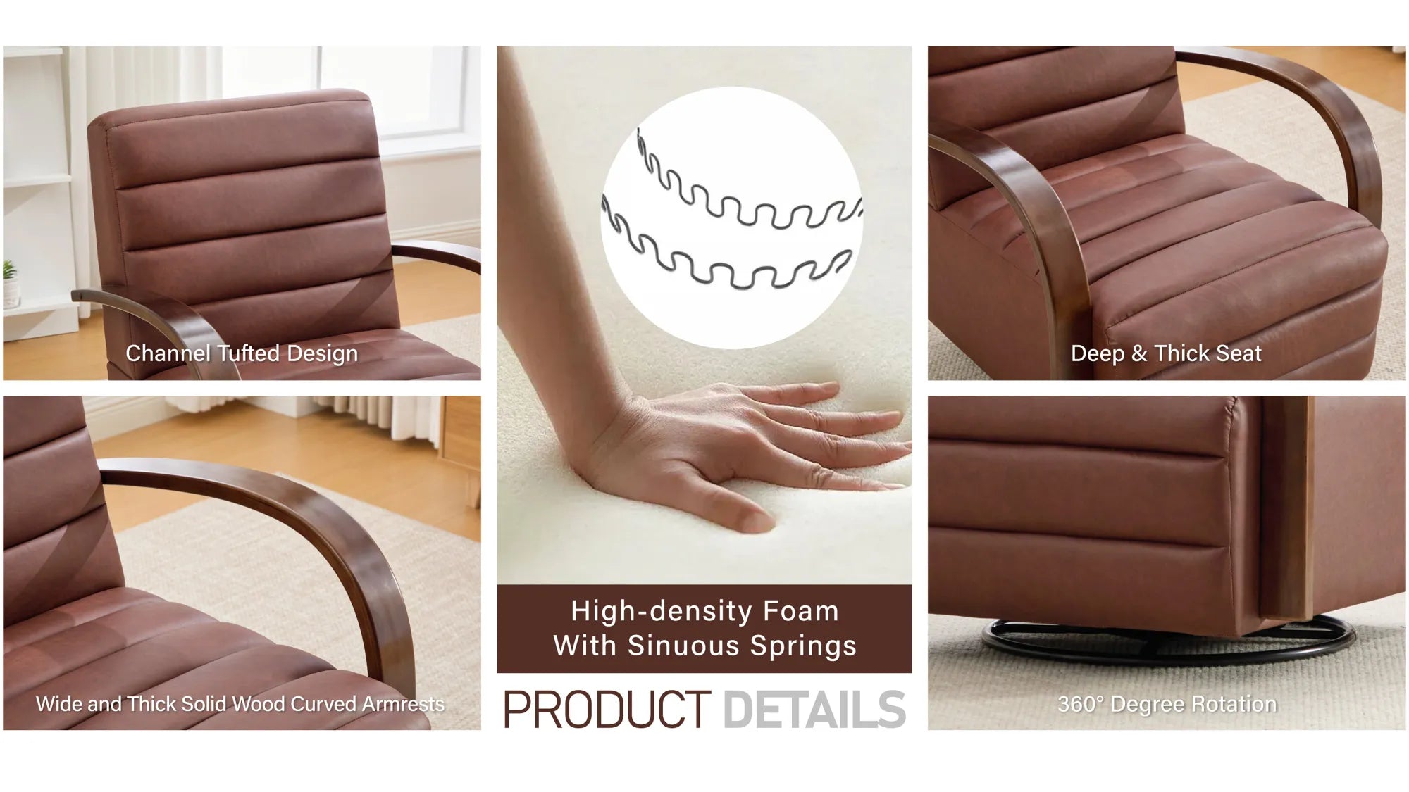 Modern 360° Swivel Accent Chair, PU Leather with Wood Armrests