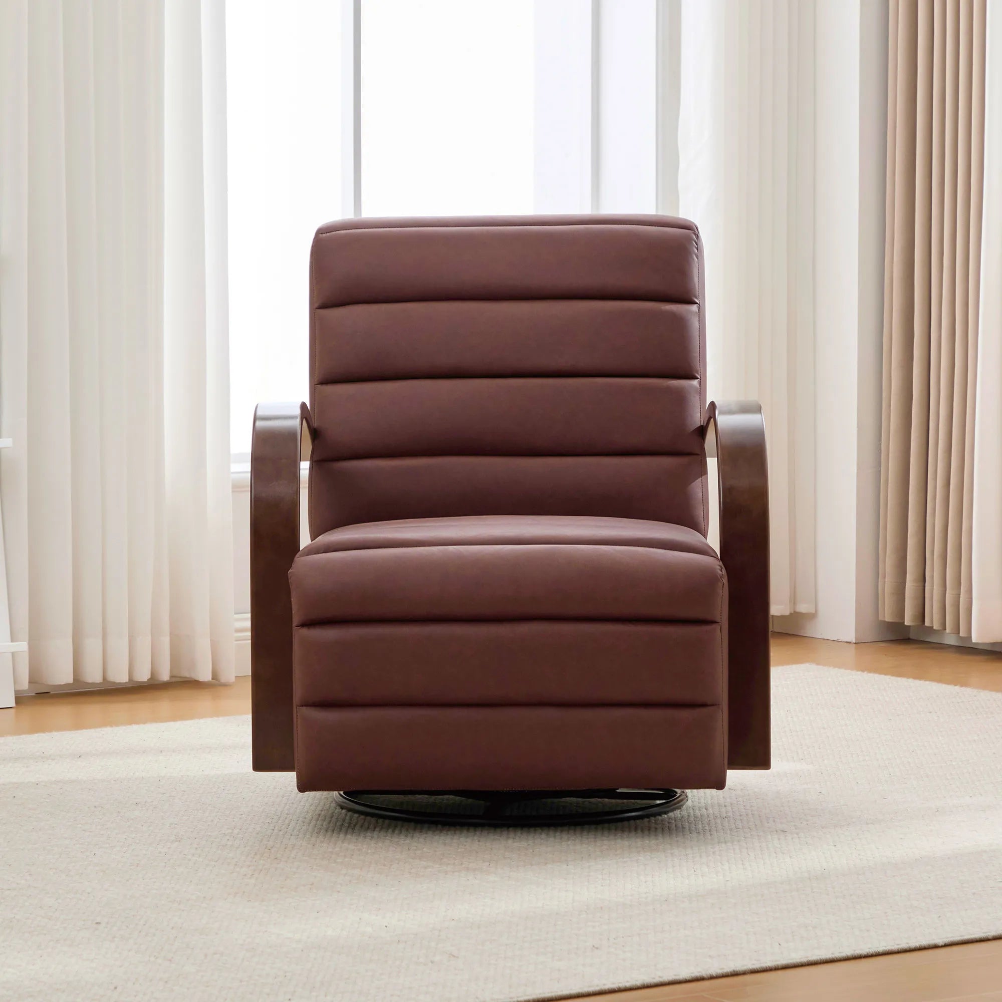 Modern 360° Swivel Accent Chair, PU Leather with Wood Armrests