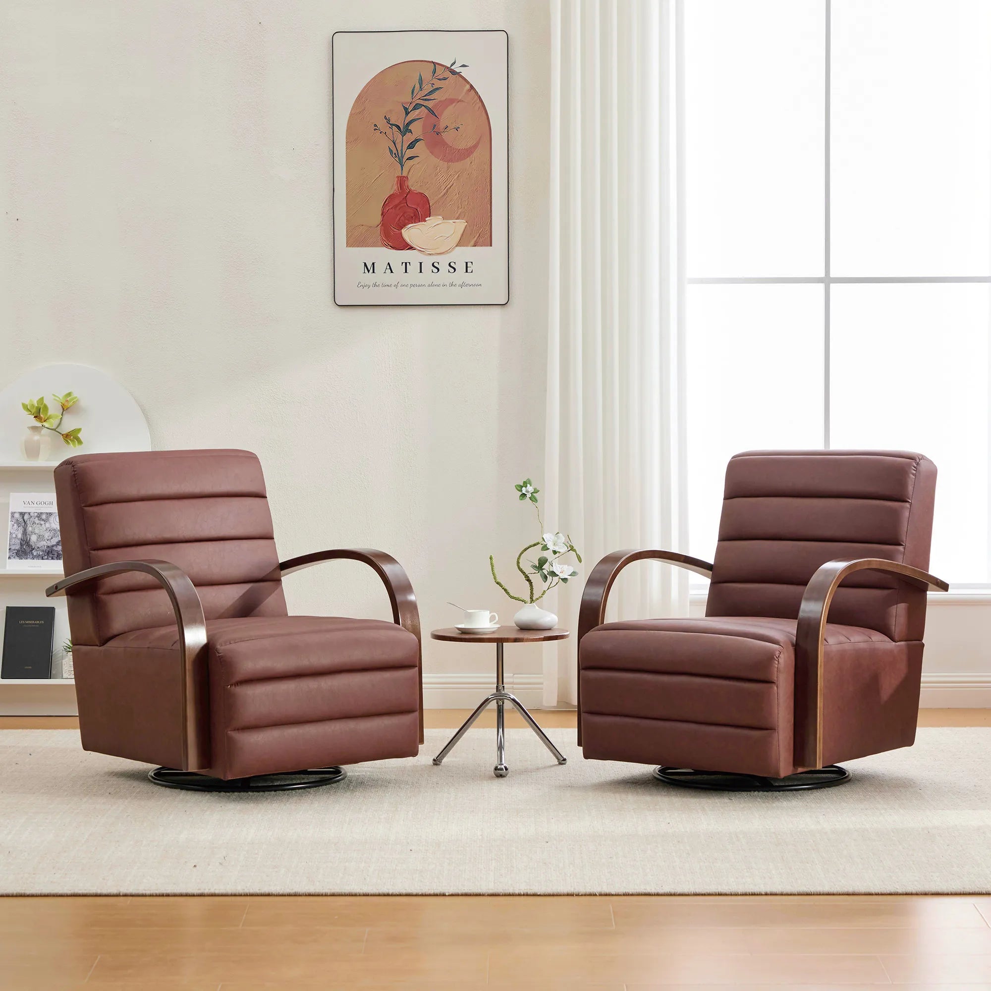 Modern 360° Swivel Accent Chair, PU Leather with Wood Armrests