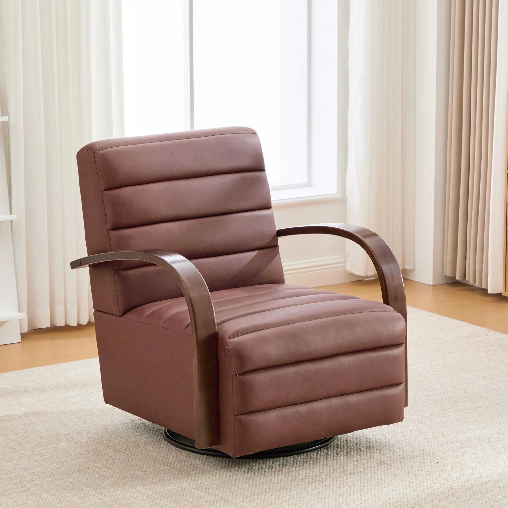 Modern 360° Swivel Accent Chair, PU Leather with Wood Armrests