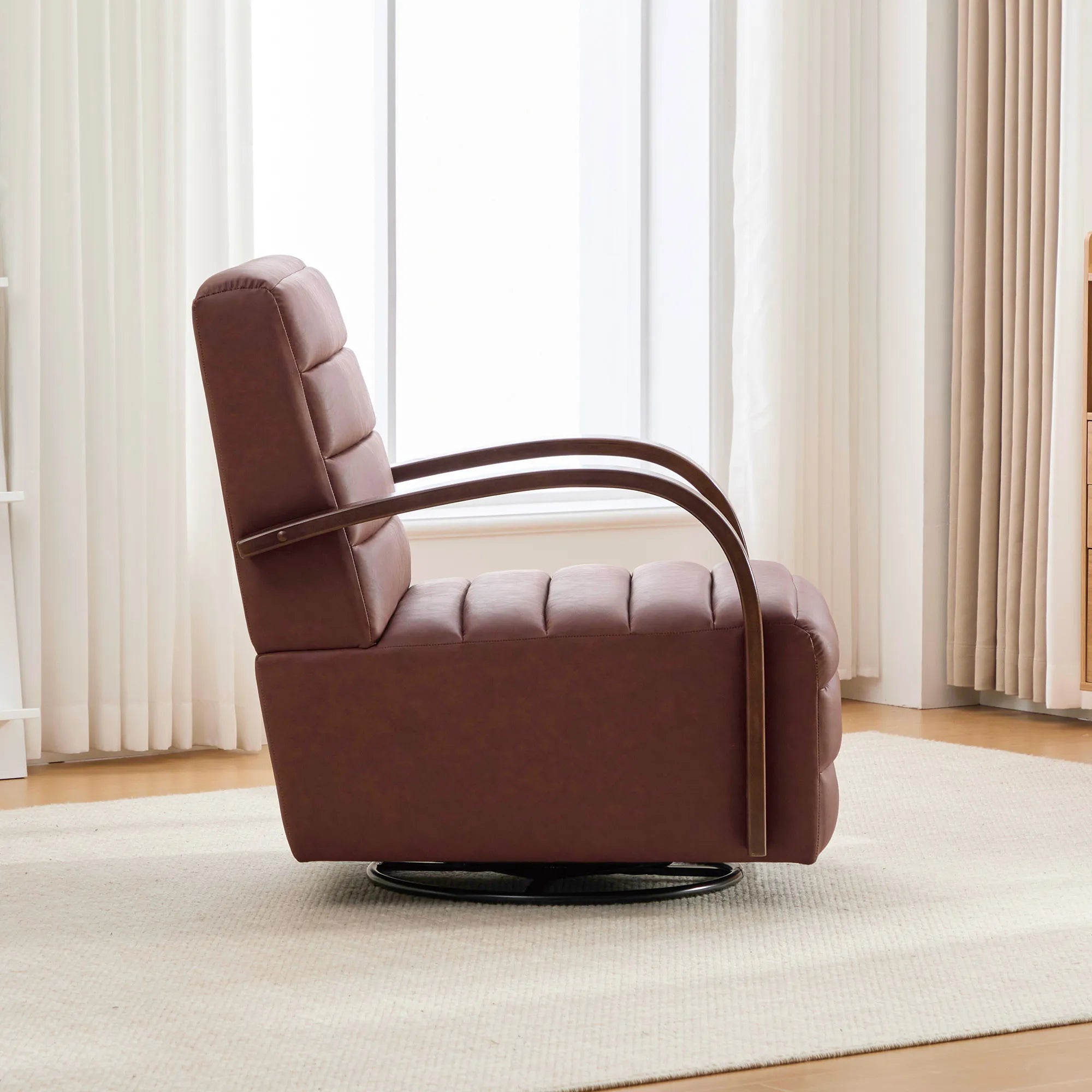 Modern 360° Swivel Accent Chair, PU Leather with Wood Armrests