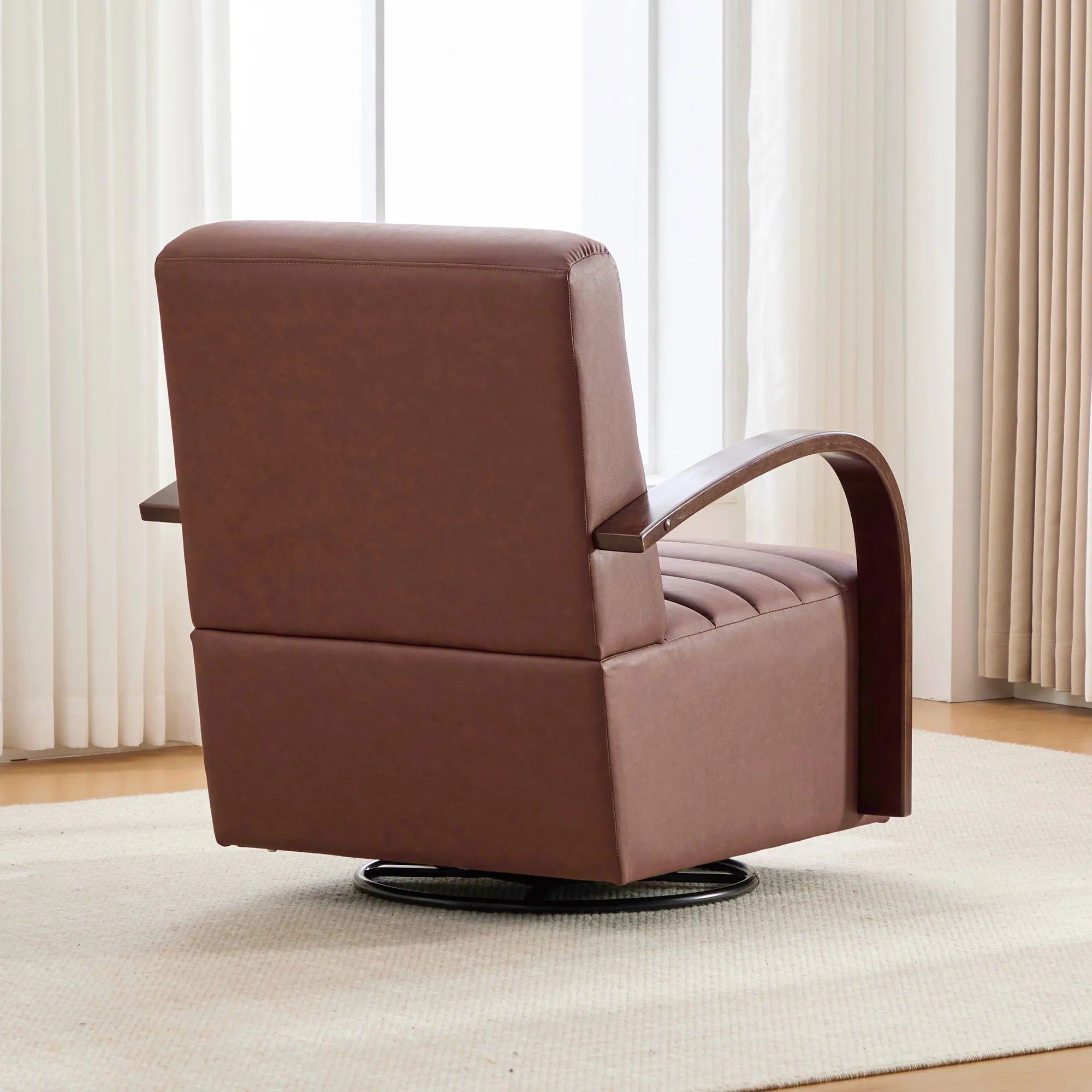 Modern 360° Swivel Accent Chair, PU Leather with Wood Armrests