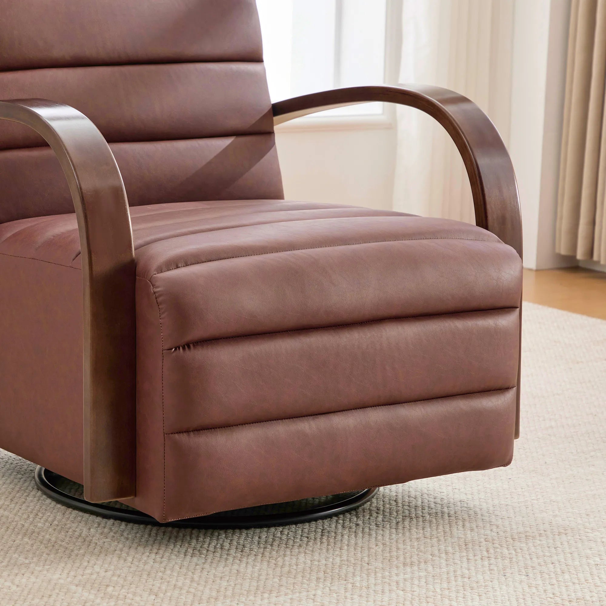 Modern 360° Swivel Accent Chair, PU Leather with Wood Armrests