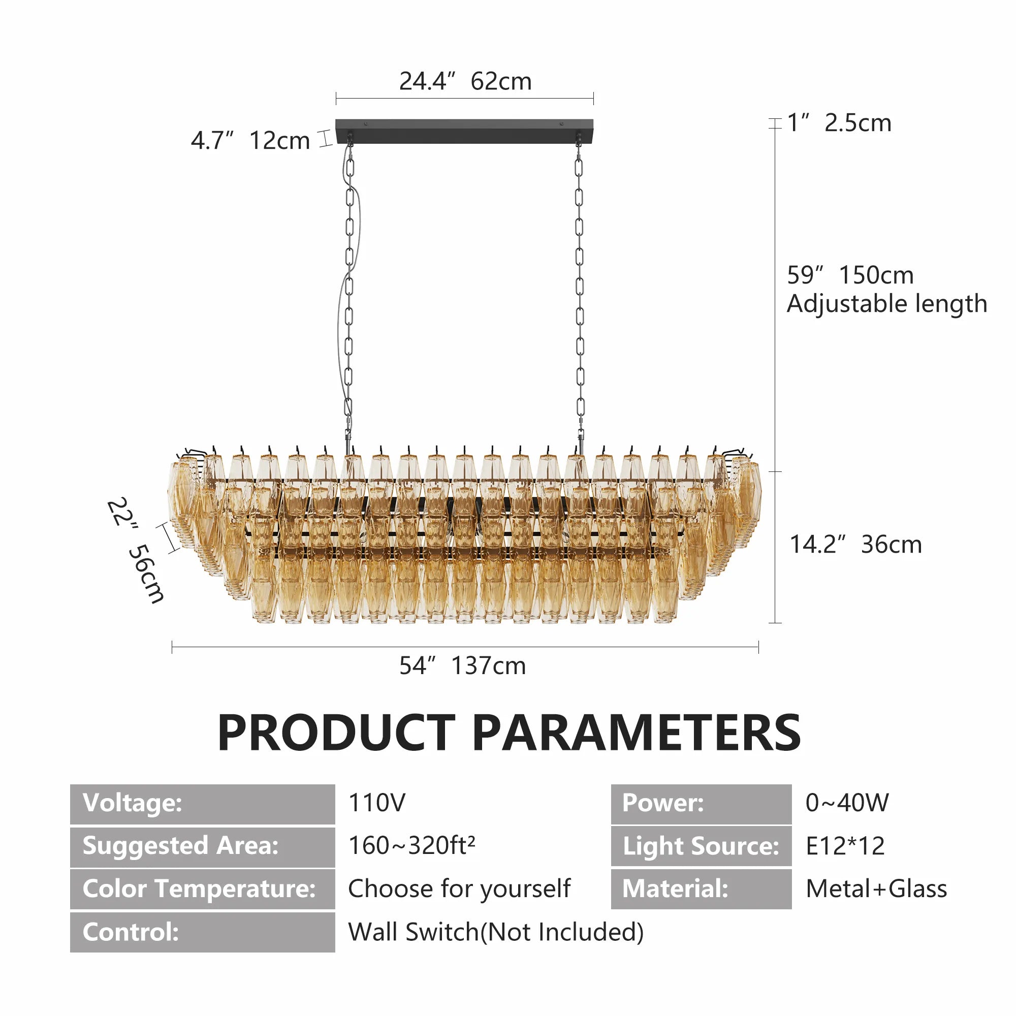 Modern 4-Tier Rectangular Chandelier with Smoke Glass