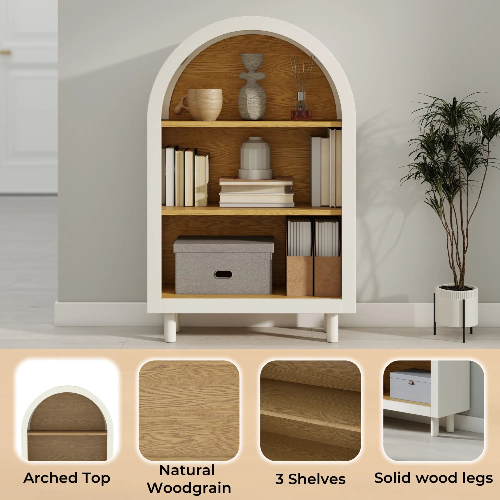 Modern Arched 3-Tier Storage Cabinet, Bookcase Shelf