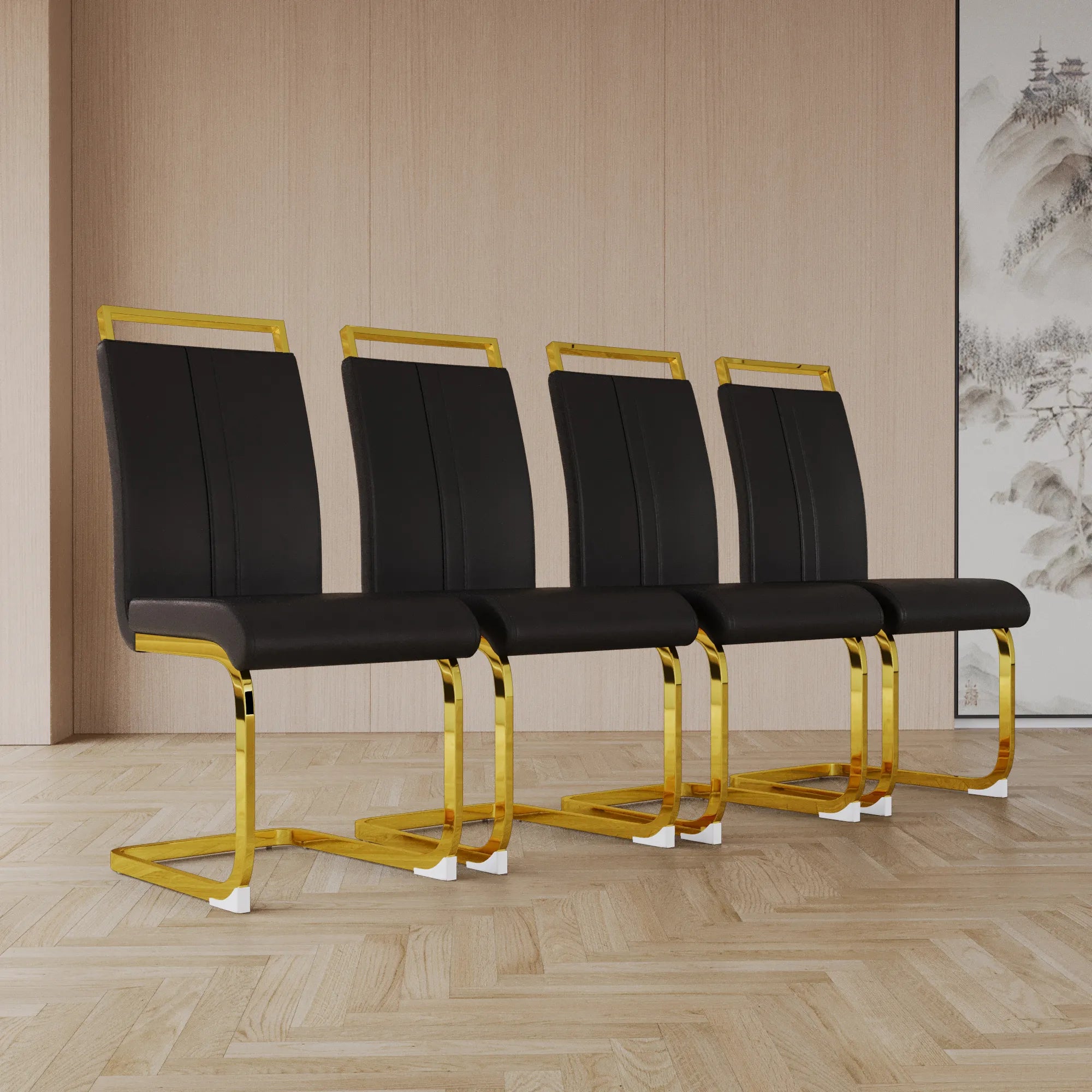 Modern Black PU Leather Dining Chair Set With High Back And C-shaped Base