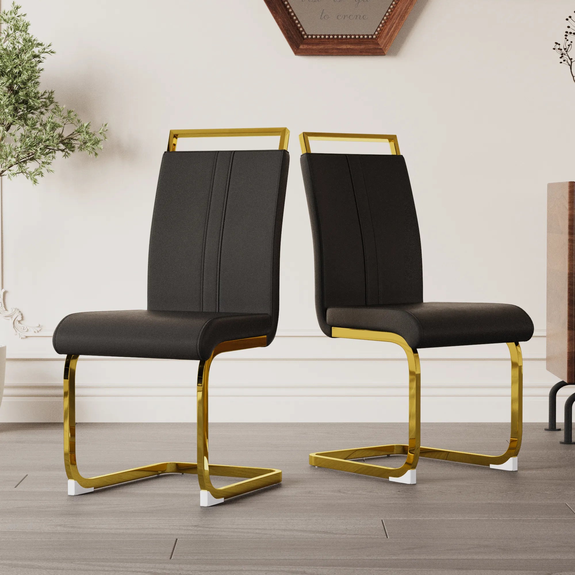 Modern Black PU Leather Dining Chair Set With High Back And C-shaped Base
