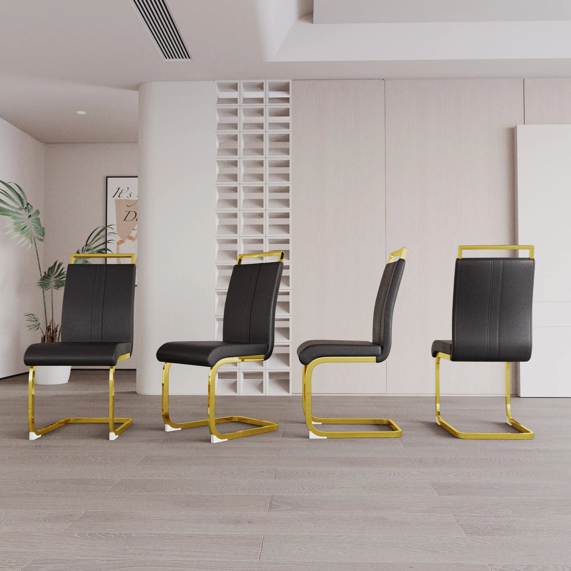 Modern Black PU Leather Dining Chair Set With High Back And C-shaped Base