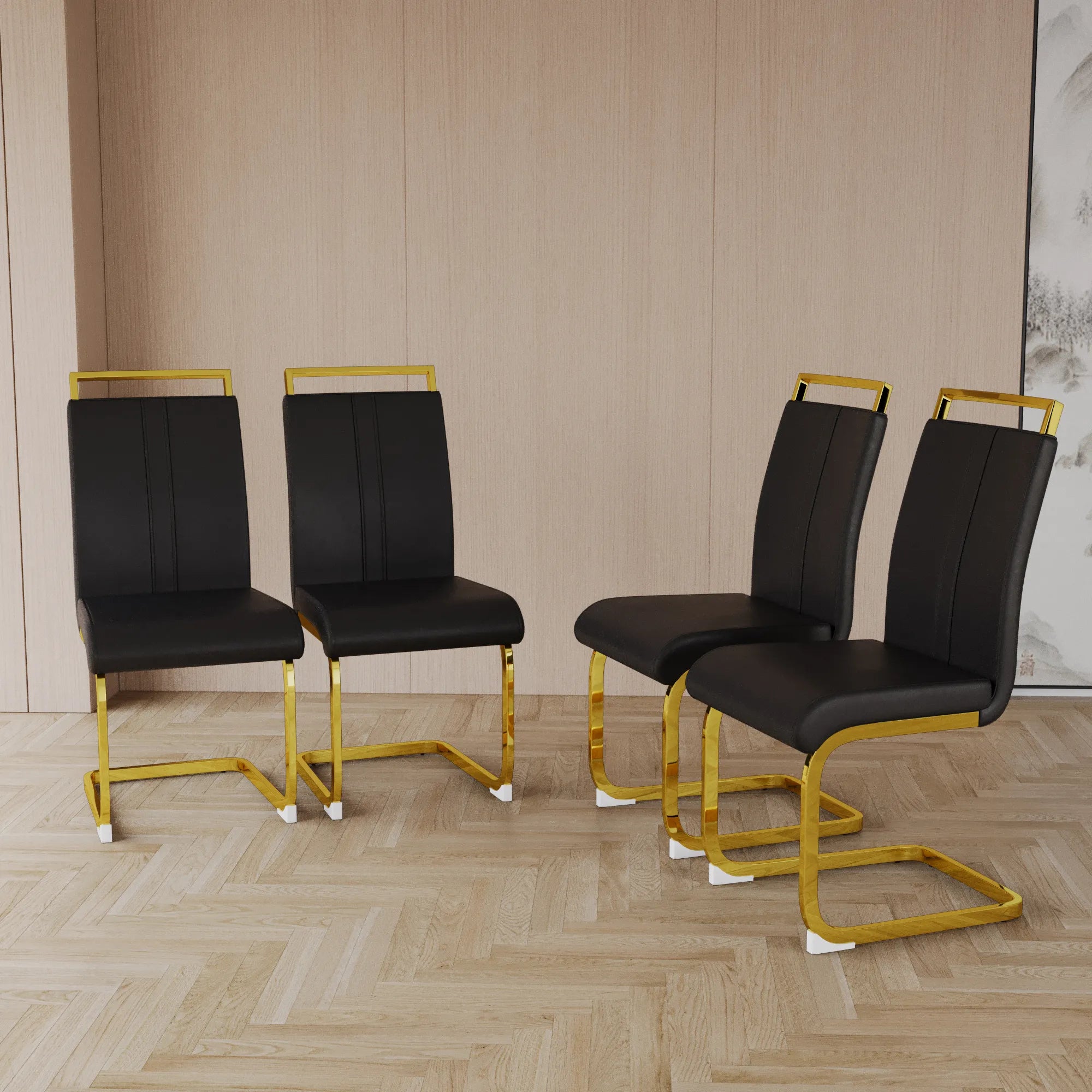 Modern Black PU Leather Dining Chair Set With High Back And C-shaped Base