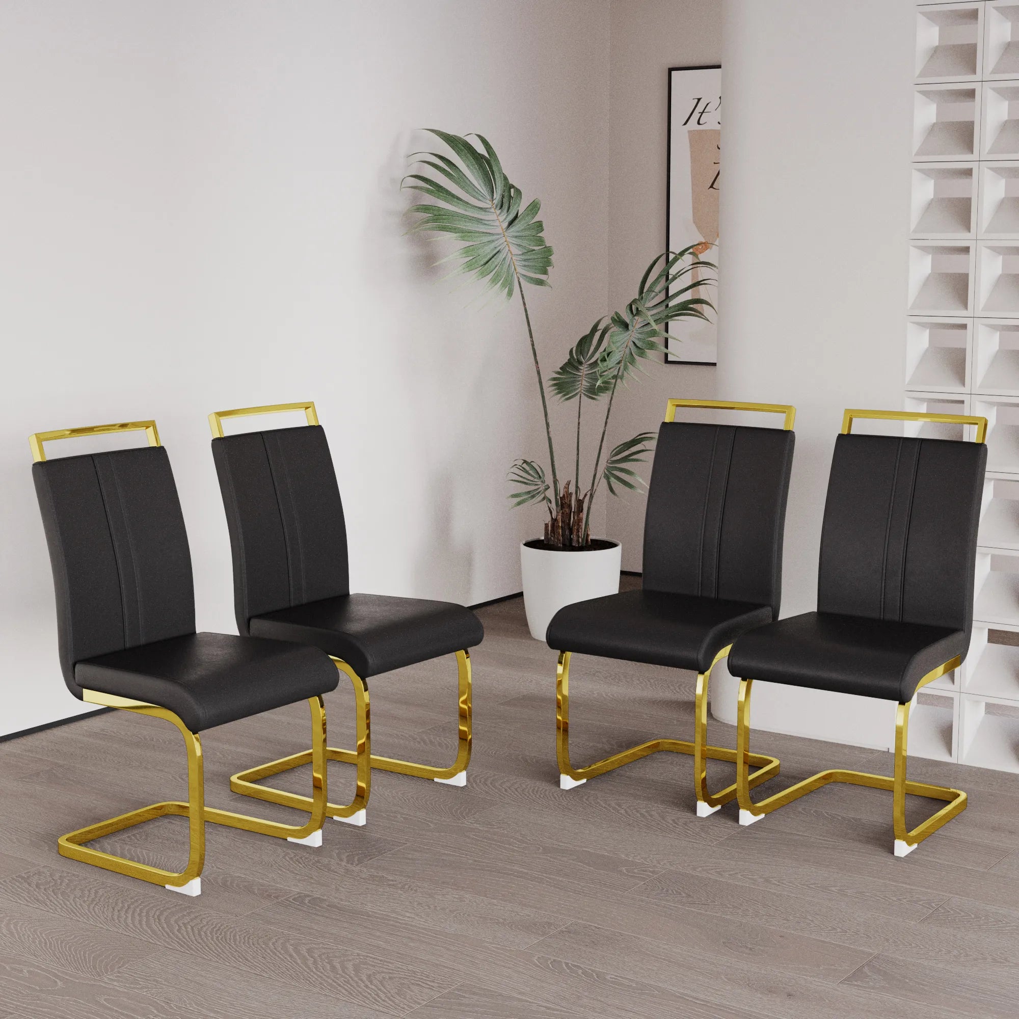 Modern Black PU Leather Dining Chair Set With High Back And C-shaped Base