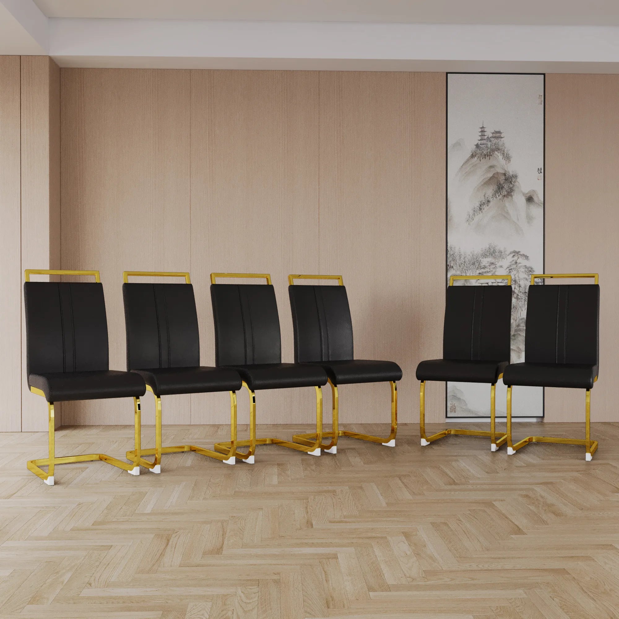 Modern Black PU Leather Dining Chair Set With High Back And C-shaped Base