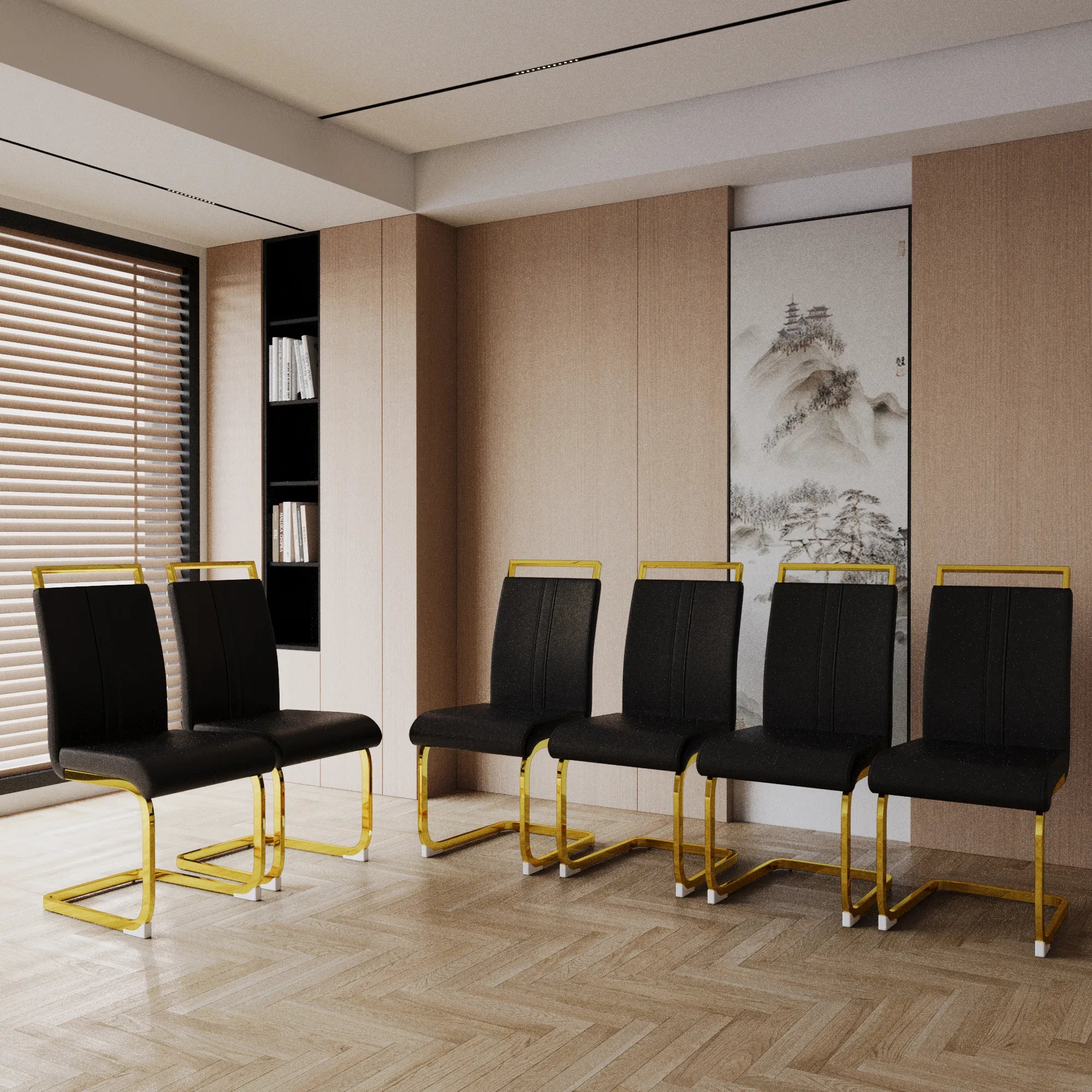 Modern Black PU Leather Dining Chair Set With High Back And C-shaped Base