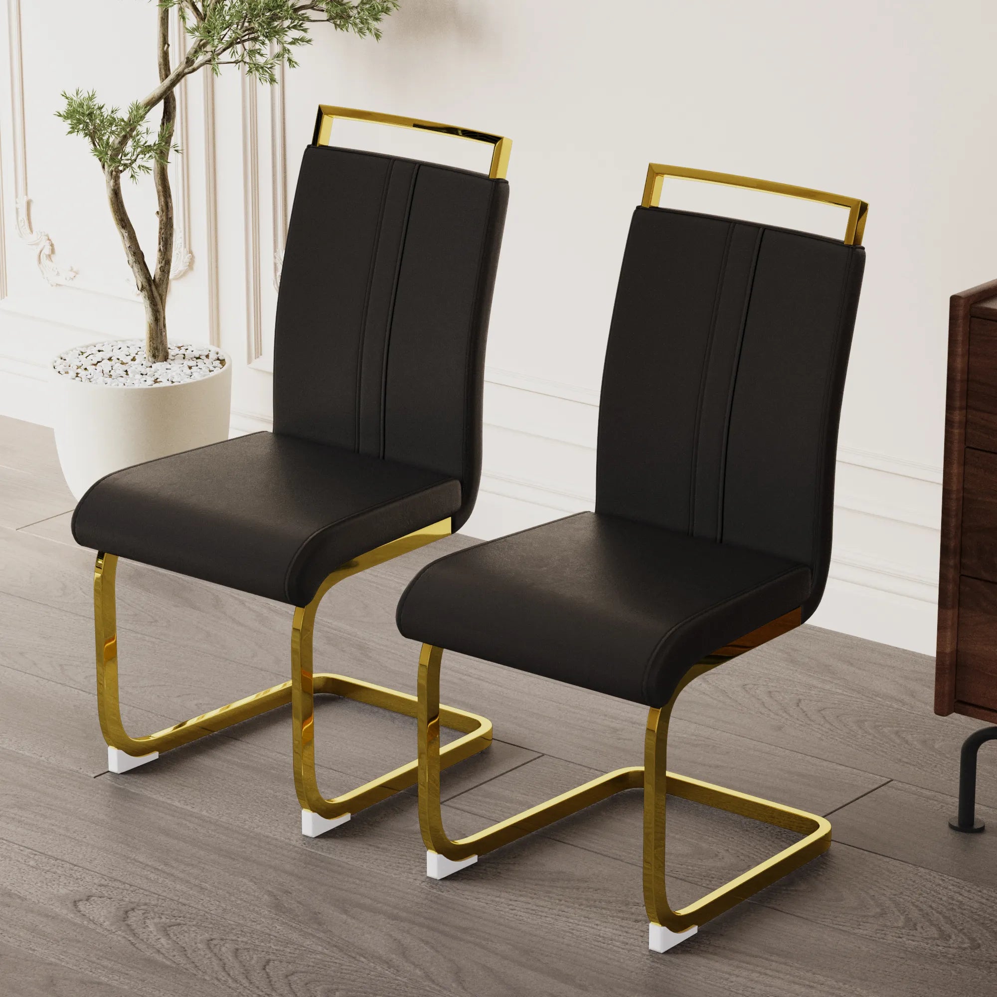 Modern Black PU Leather Dining Chair Set With High Back And C-shaped Base