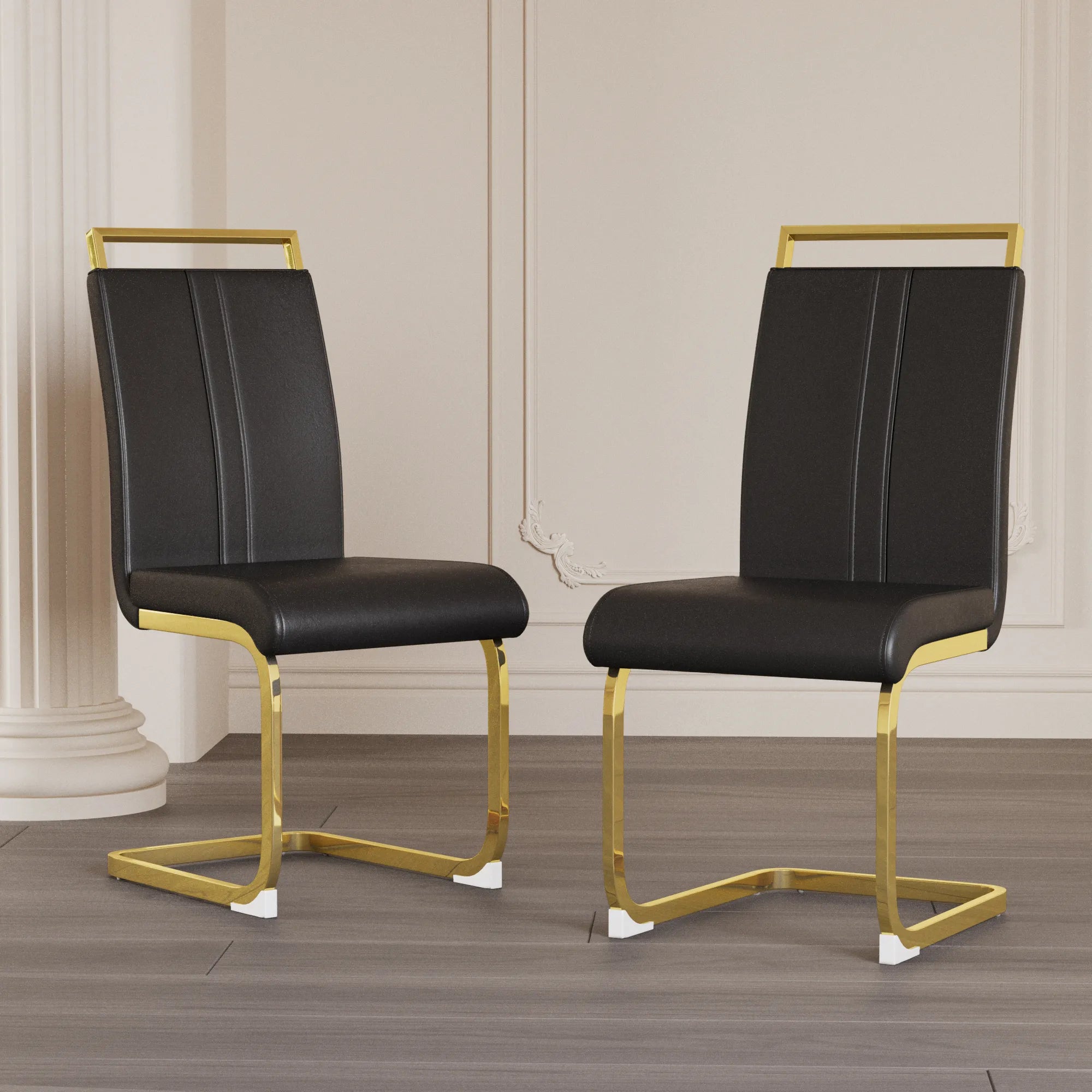Modern Black PU Leather Dining Chair Set With High Back And C-shaped Base