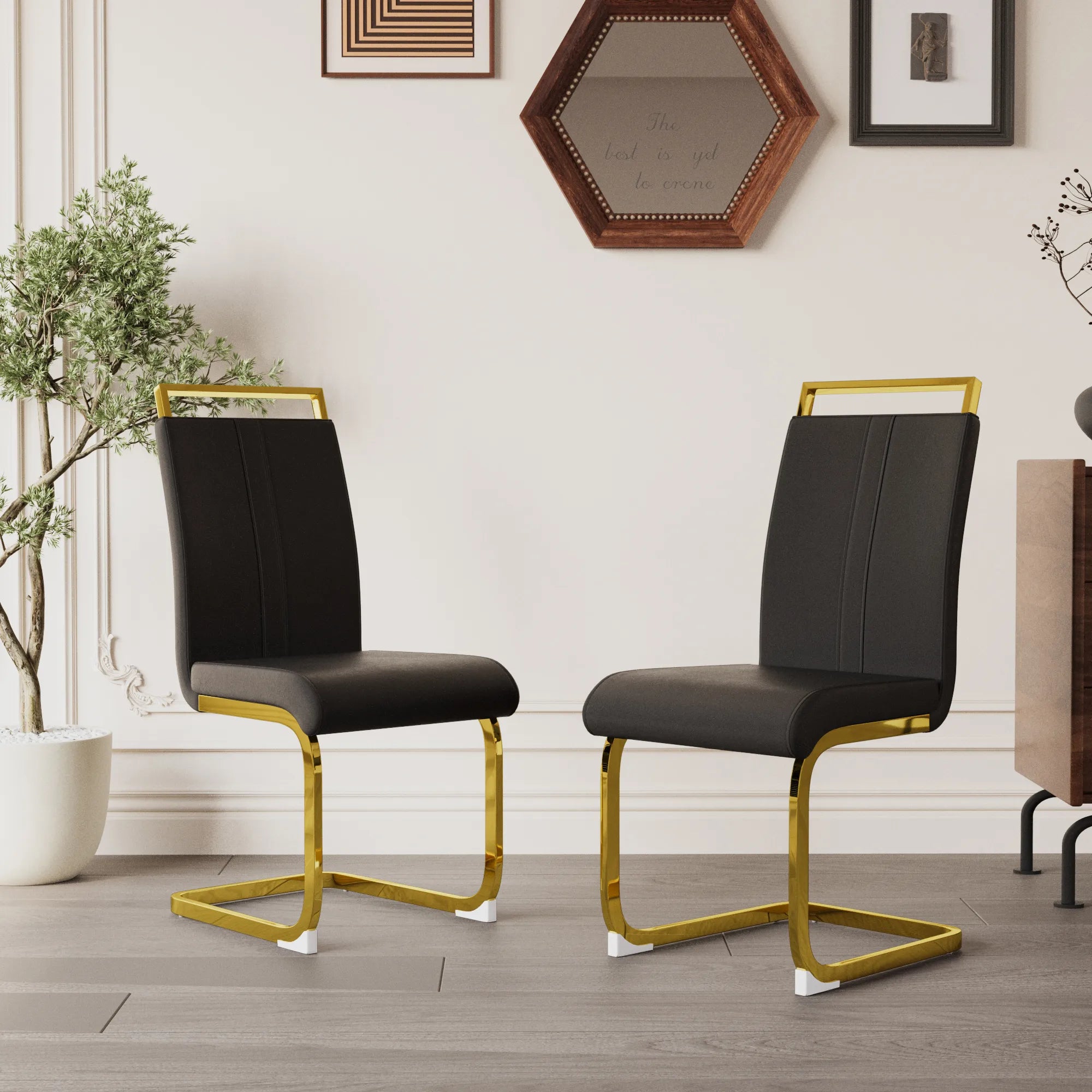 Modern Black PU Leather Dining Chair Set With High Back And C-shaped Base