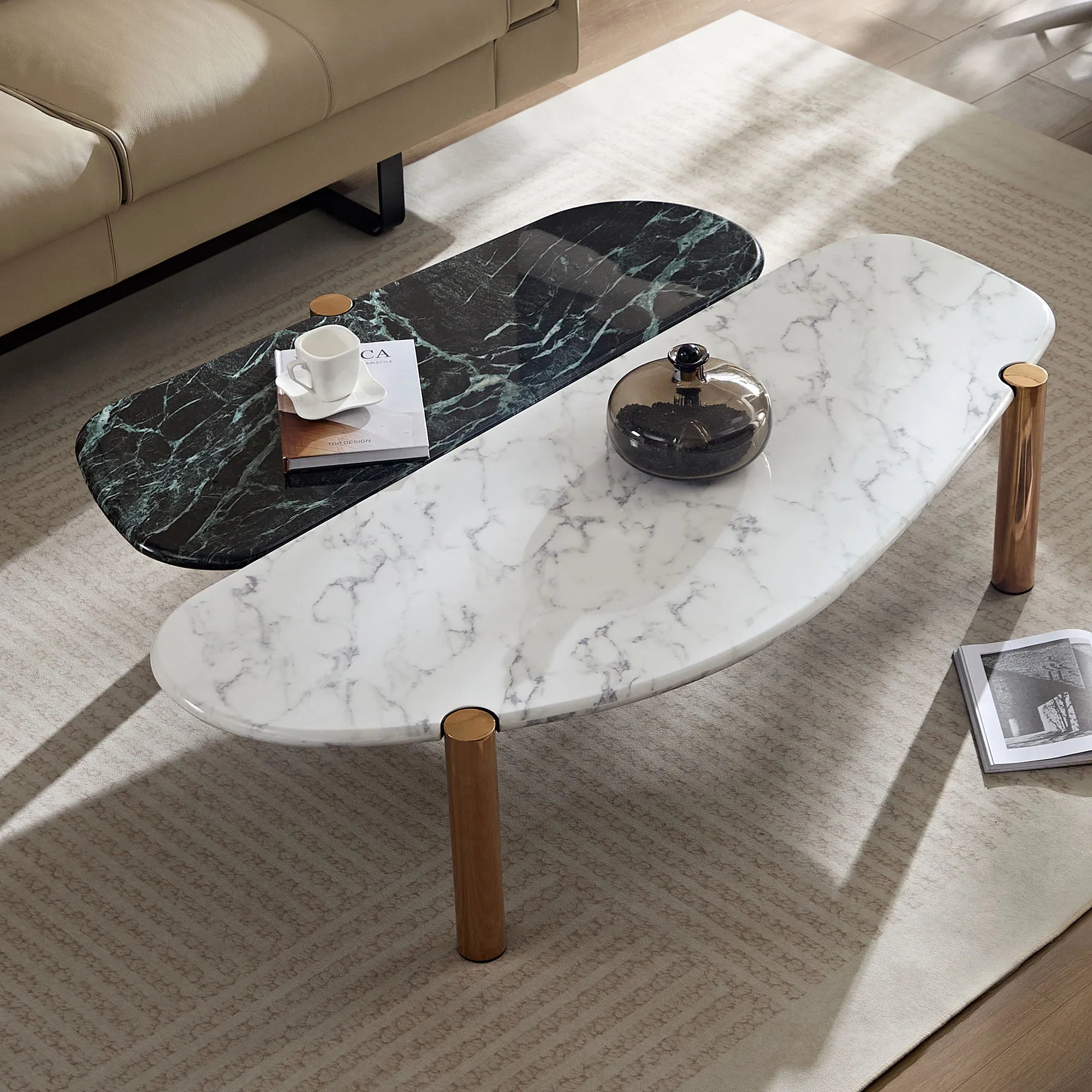 Modern 2 Tone Coffee Tables With Faux Marble Tabletop And Gold Metal Foot