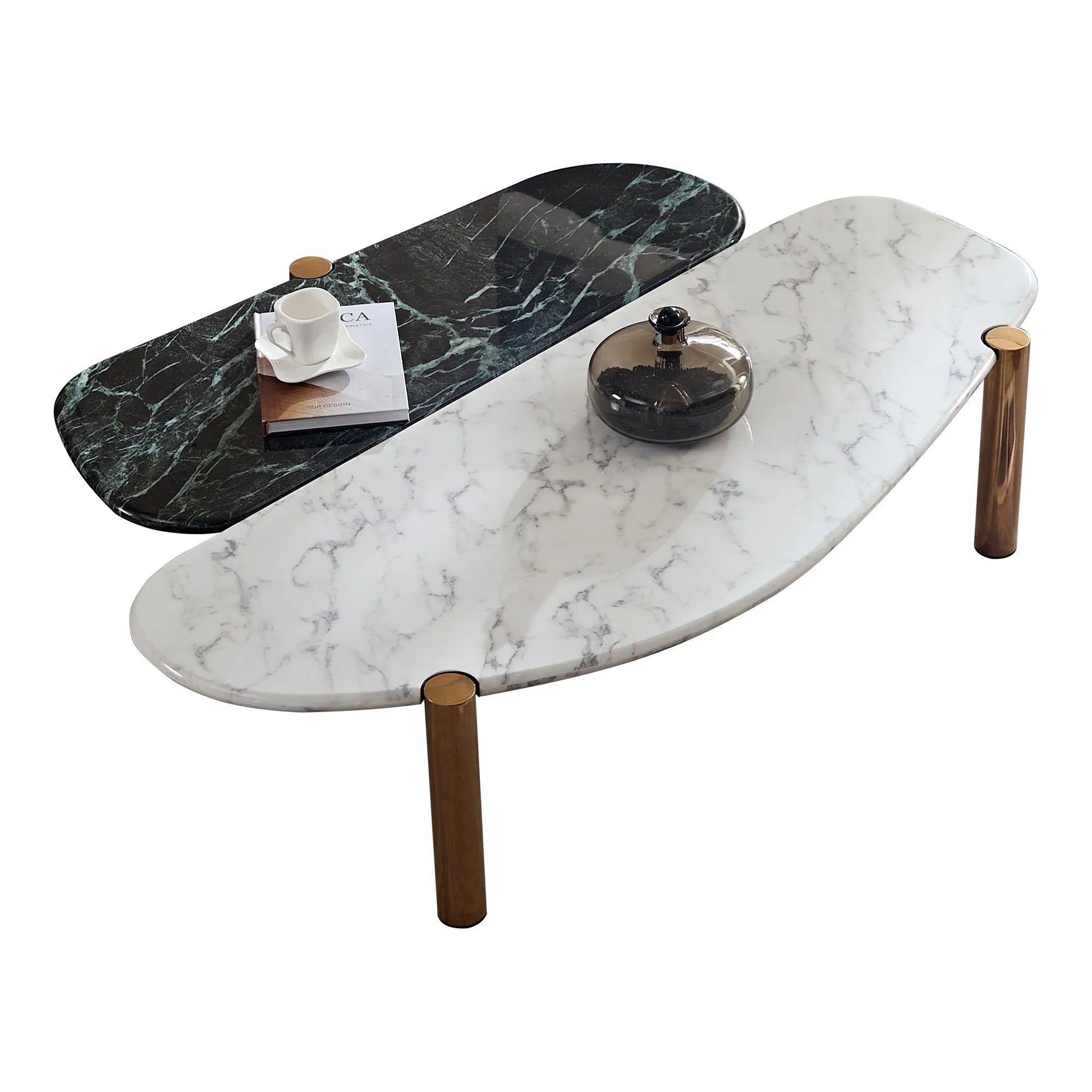 Modern 2 Tone Coffee Tables With Faux Marble Tabletop And Gold Metal Foot