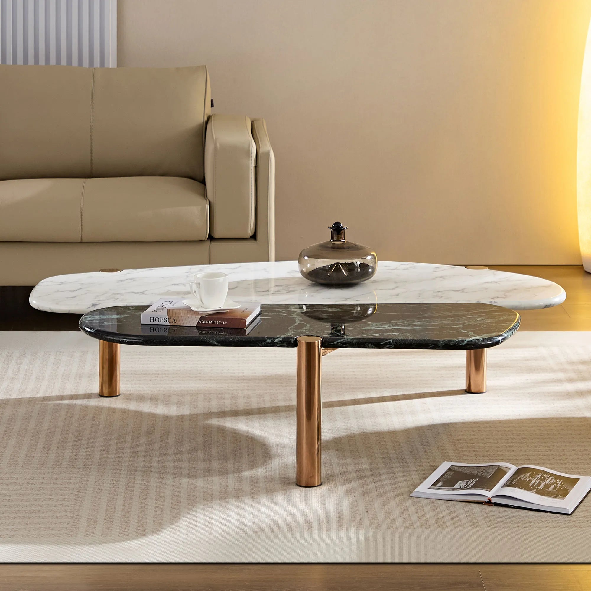 Modern 2 Tone Coffee Tables With Faux Marble Tabletop And Gold Metal Foot