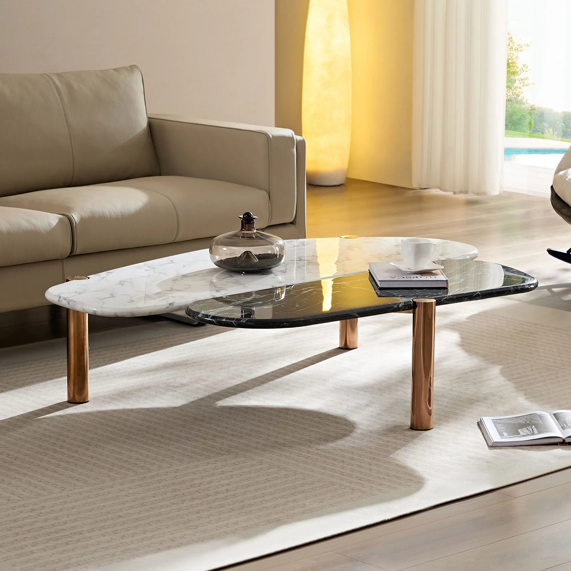 Modern 2 Tone Coffee Tables With Faux Marble Tabletop And Gold Metal Foot