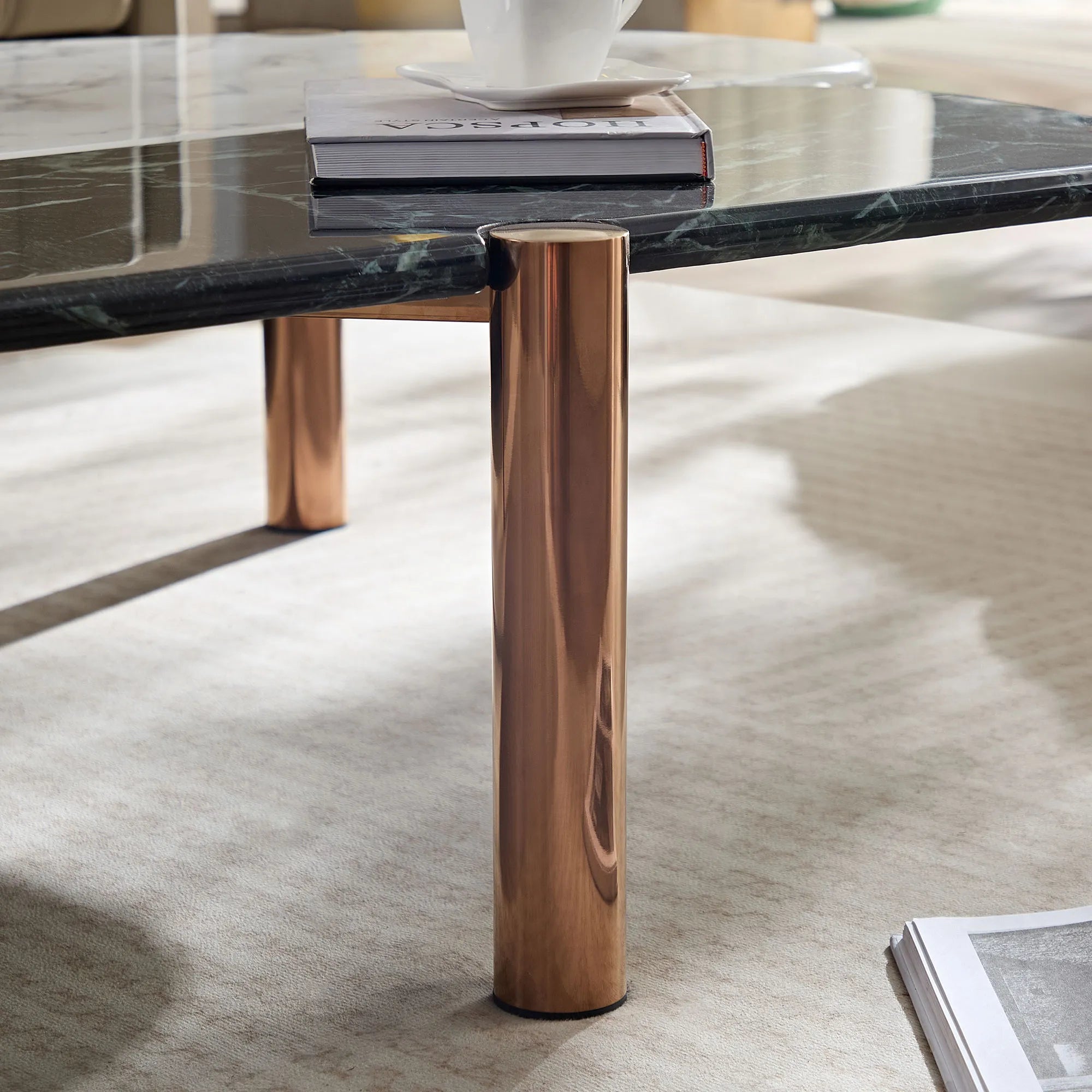 Modern 2 Tone Coffee Tables With Faux Marble Tabletop And Gold Metal Foot