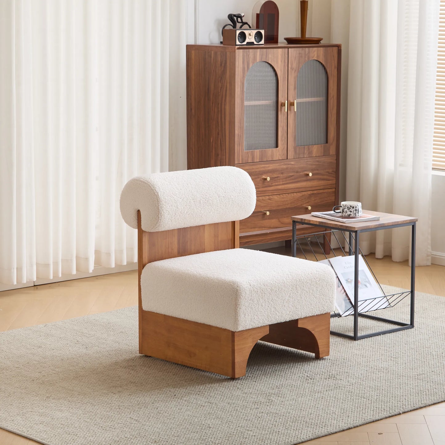 Modern Boucle Soft Lounge Accent Chair with Solid Wood Frame and Rolled Backrest