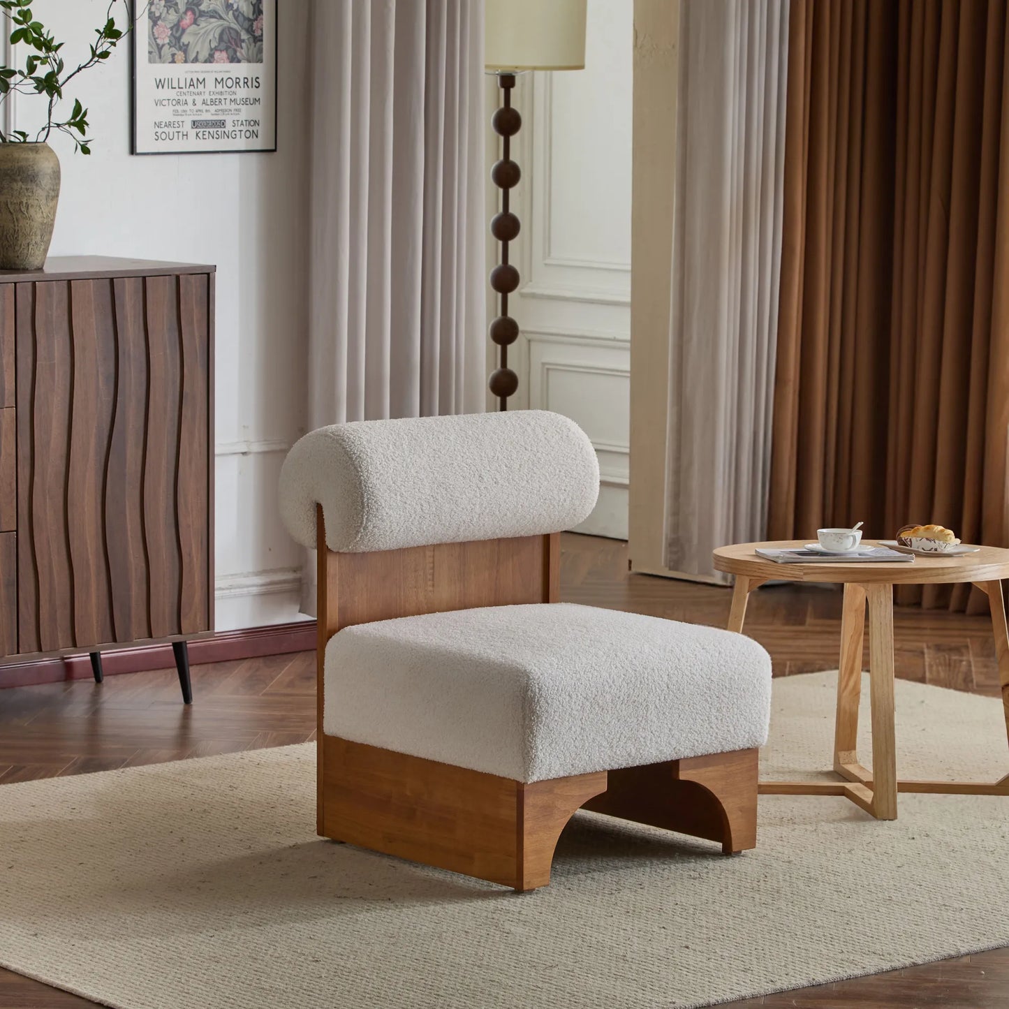 Modern Boucle Soft Lounge Accent Chair with Solid Wood Frame and Rolled Backrest