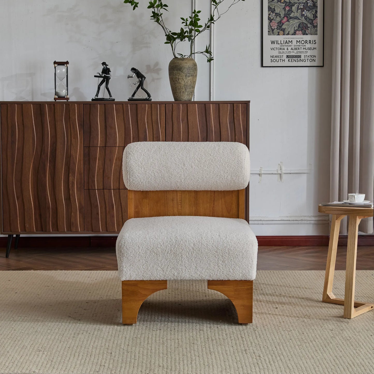 Modern Boucle Soft Lounge Accent Chair with Solid Wood Frame and Rolled Backrest