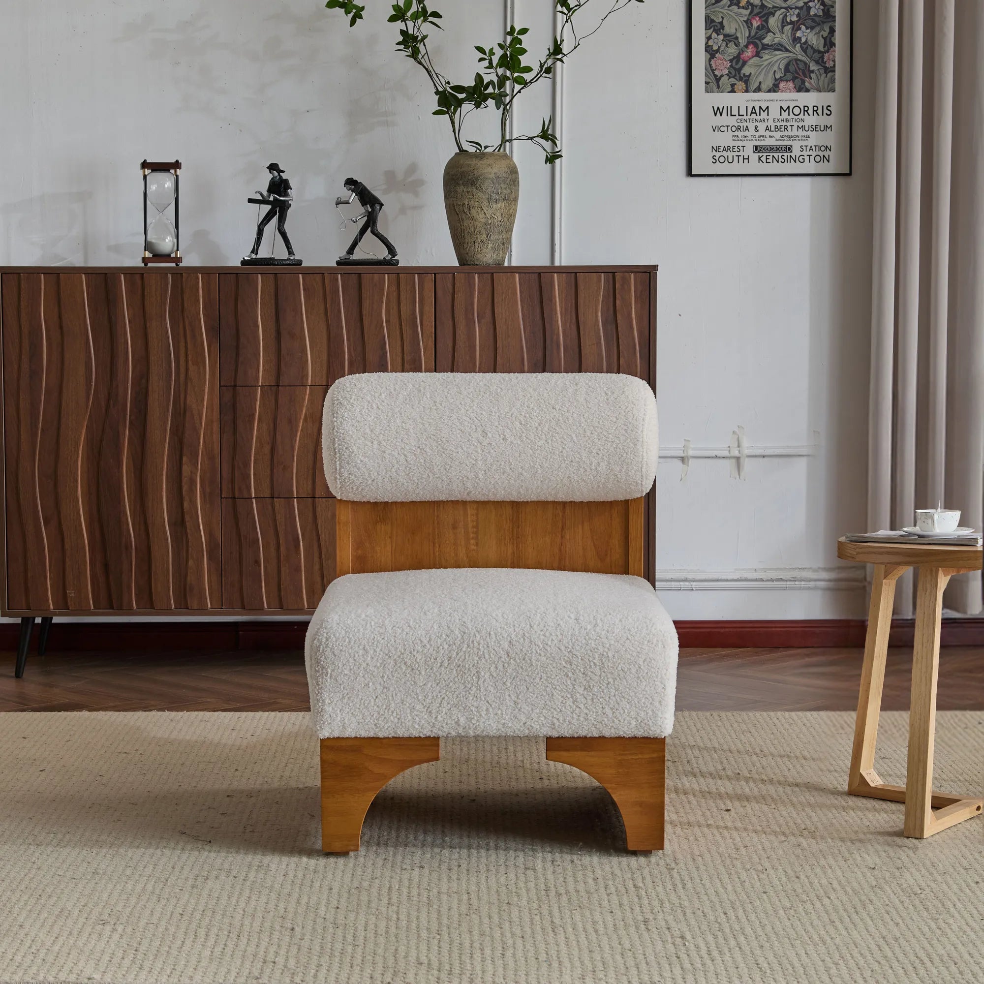 Modern Boucle Soft Lounge Accent Chair with Solid Wood Frame and Rolled Backrest