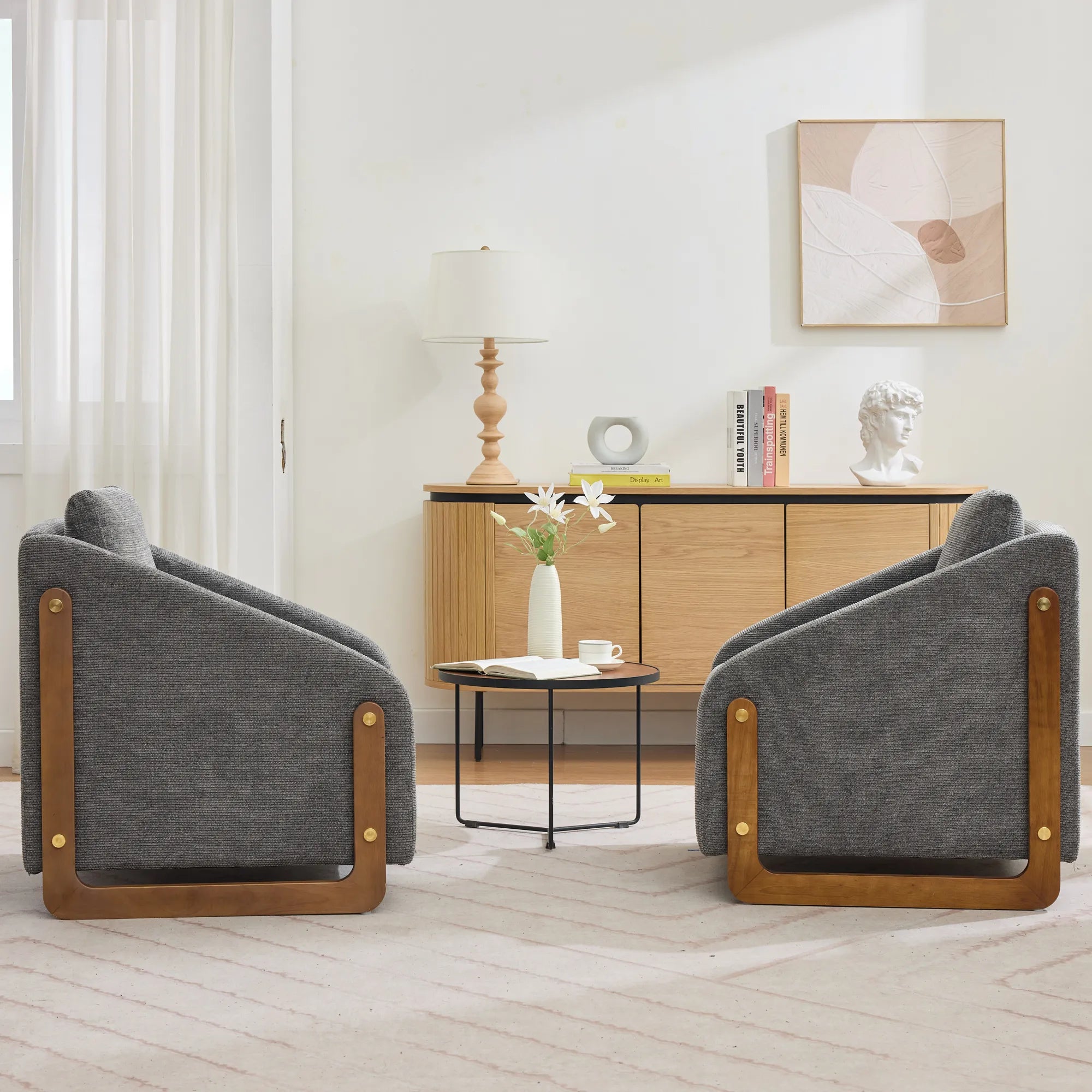 Modern Chenille Fabric Accent Chair with Wooden Side Frame