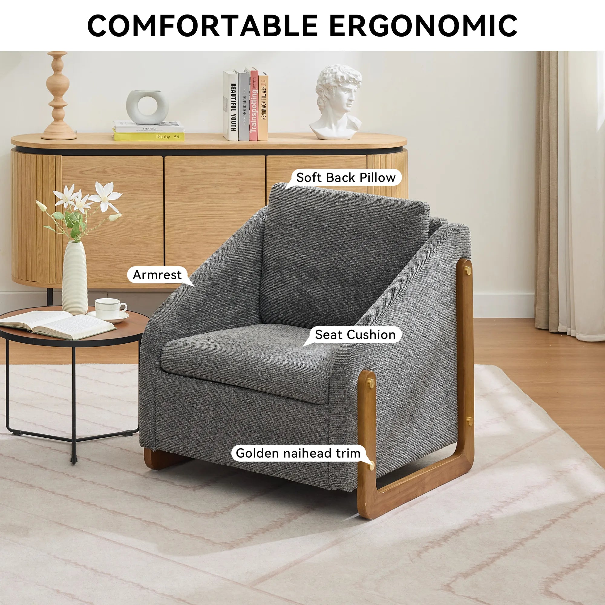 Modern Chenille Fabric Accent Chair with Wooden Side Frame